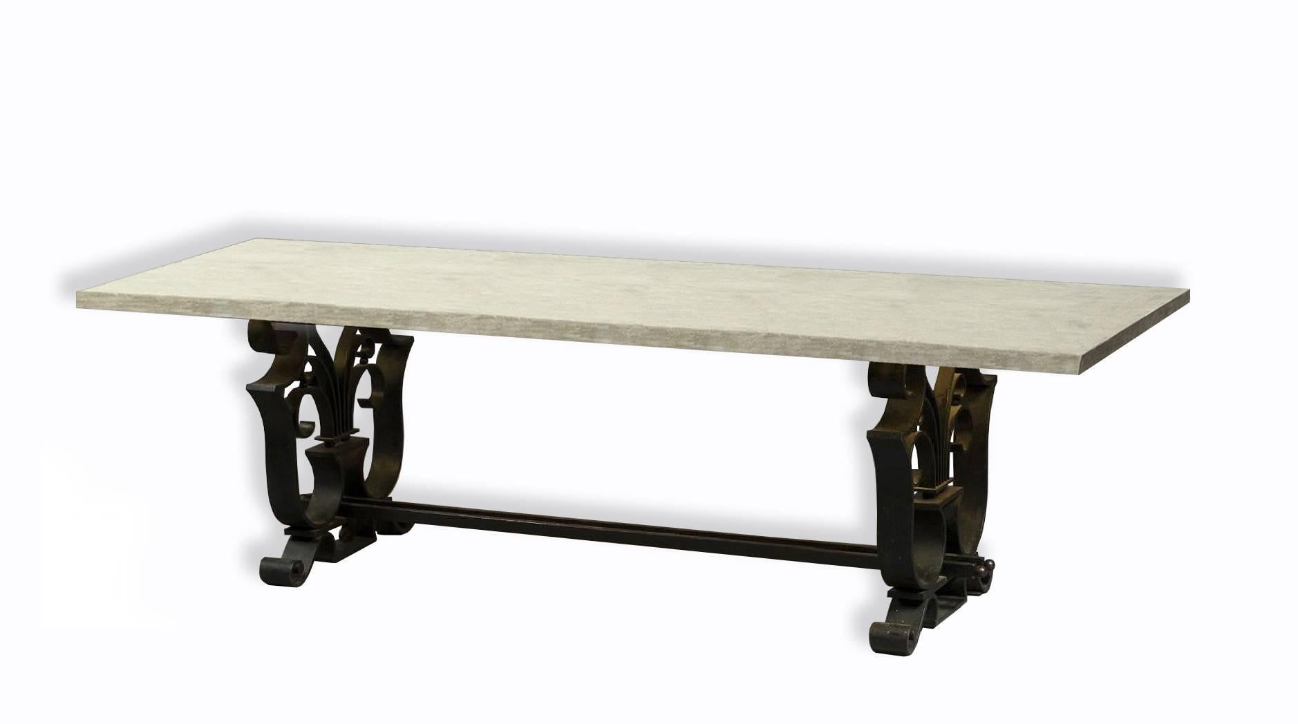 Very Impressive and elegant wrought iron dining table attributed to Raymond Subes.
This base is sold alone, with no top. However, we can definitely help to find and add the top of your choice.
The two last pictures are showing mockups to have an