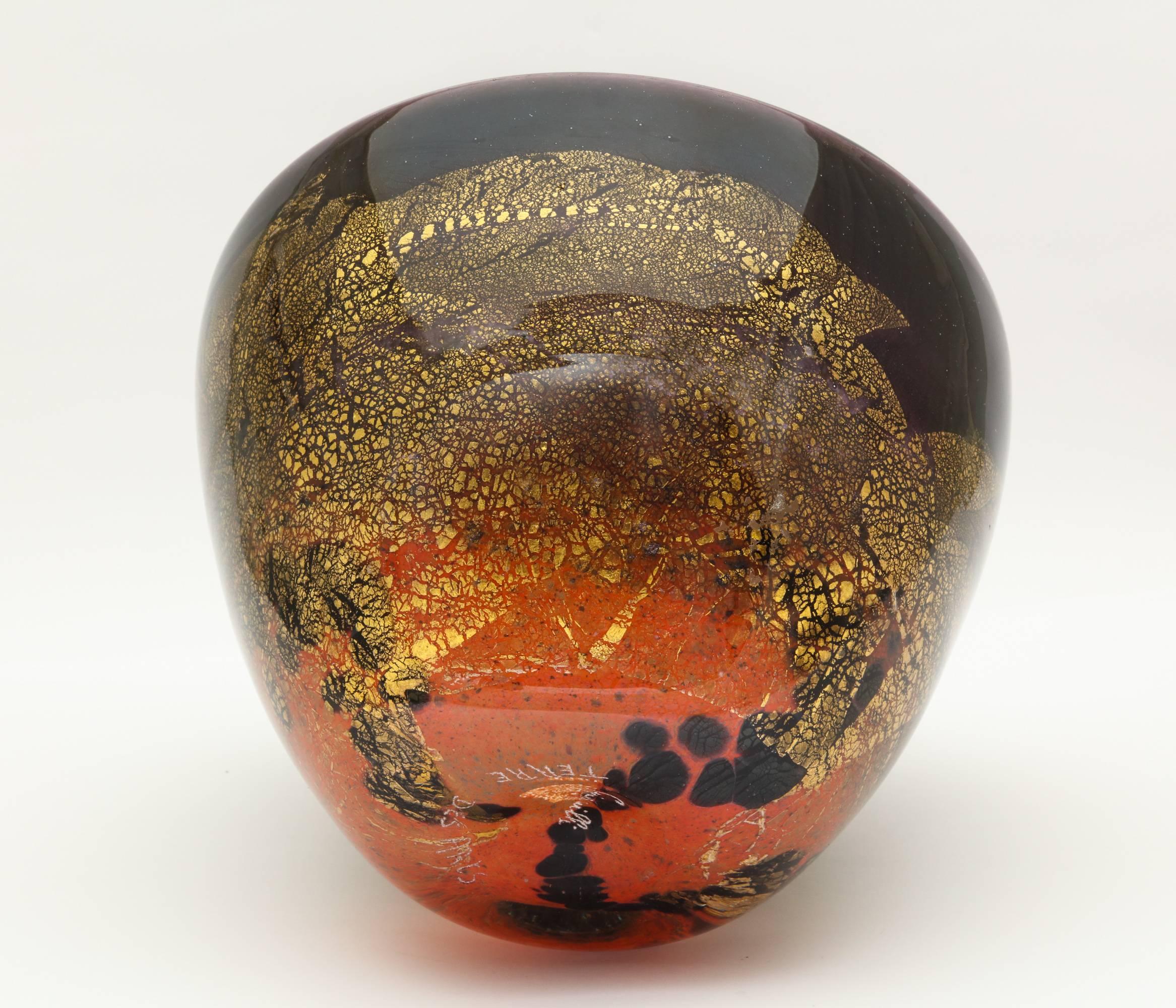 Volcanic Red and Black Terre Des Arts Handblown Glass Bowl In Excellent Condition For Sale In New York, NY
