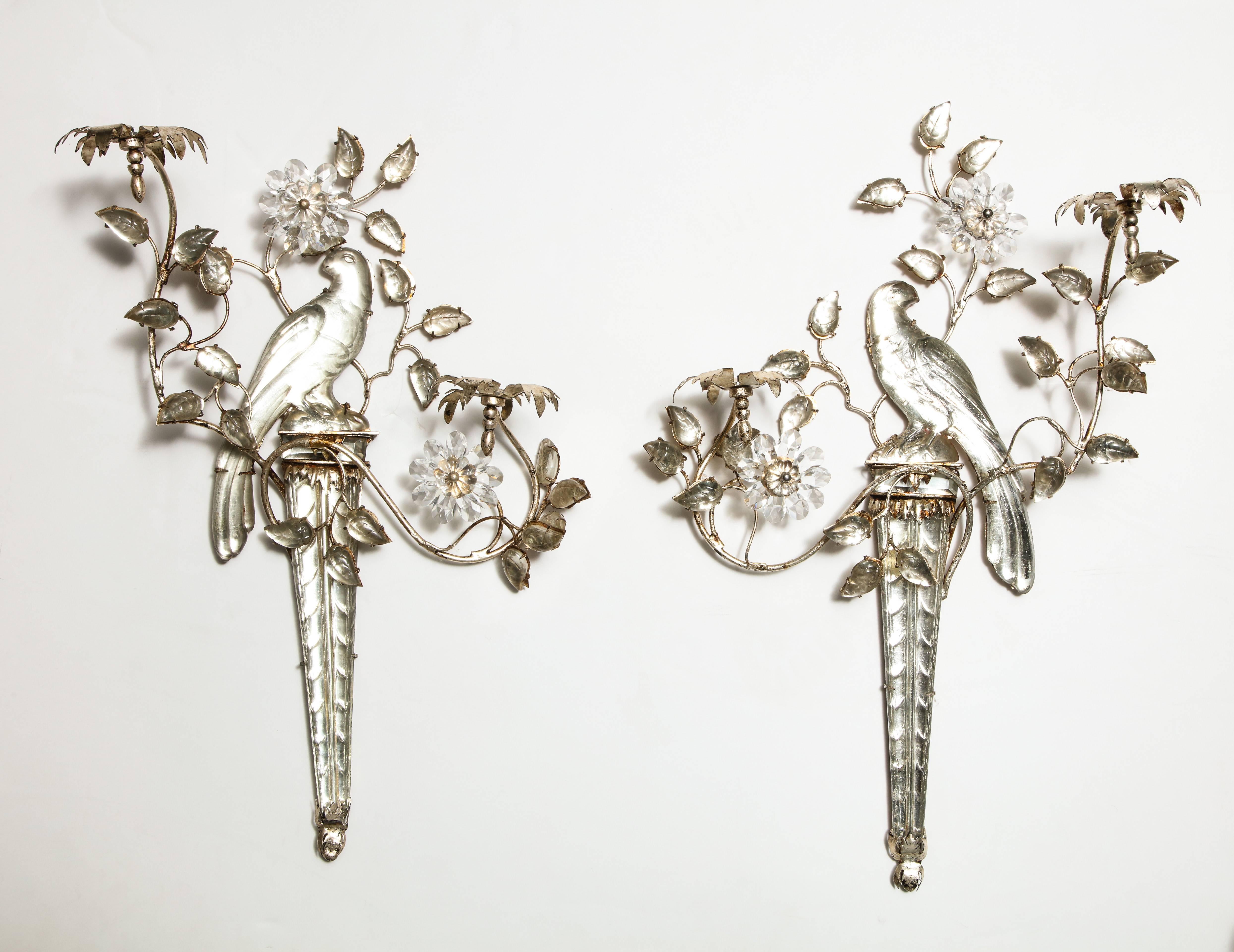French Maison Bagues Glass Bird and Floral Sconces