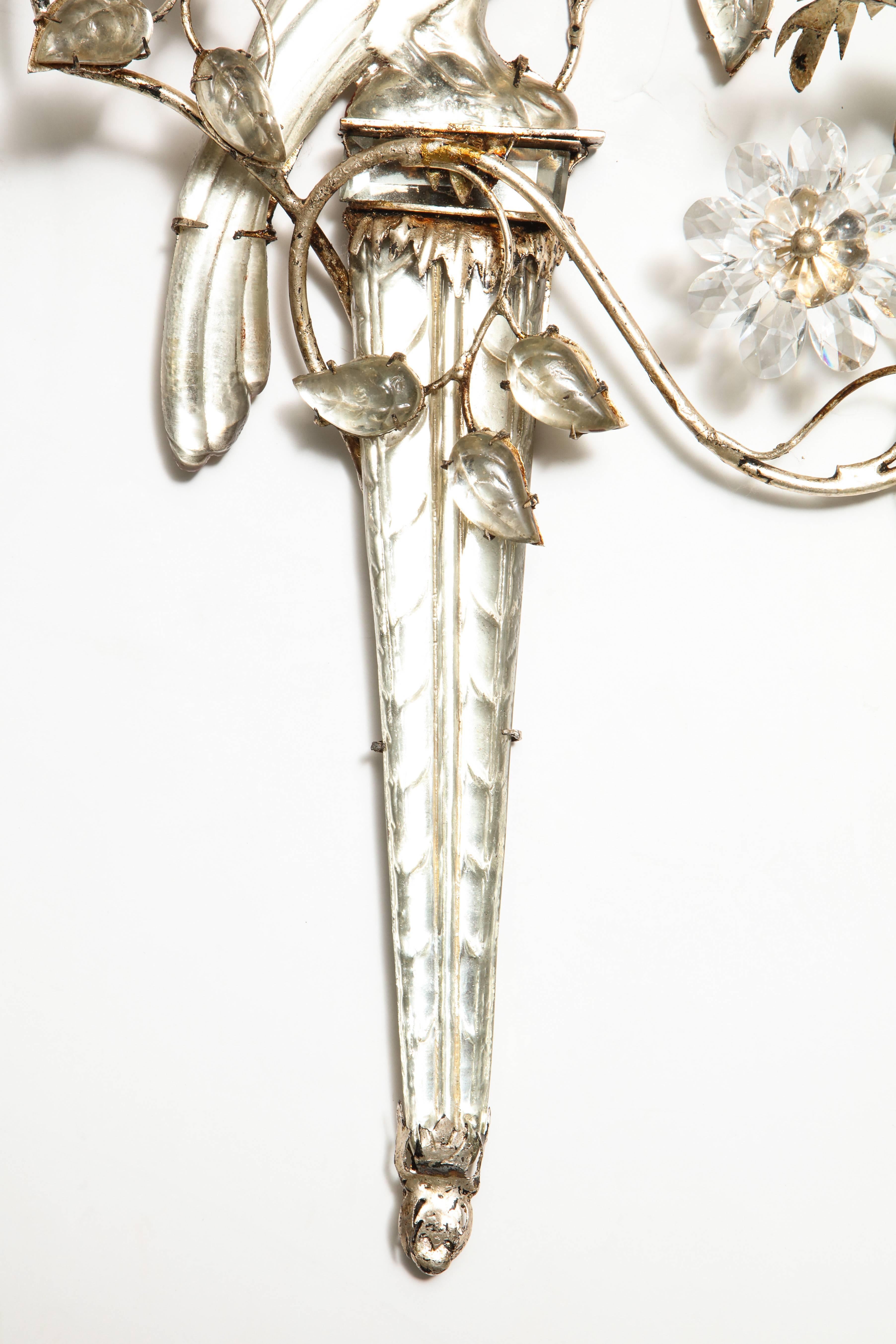 Mid-20th Century Maison Bagues Glass Bird and Floral Sconces