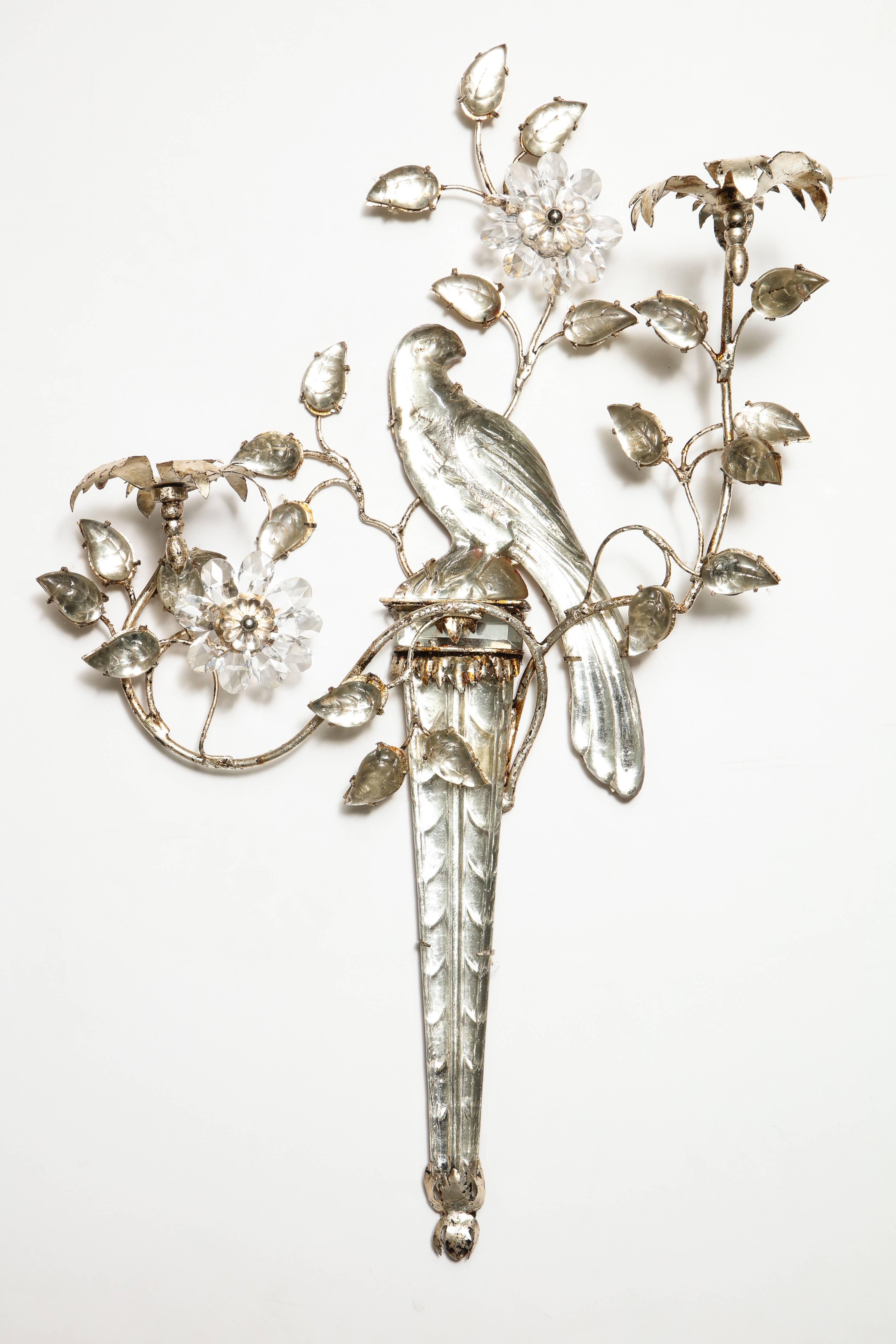 Gilt Metal Maison Bagues Glass Bird and Floral Sconces