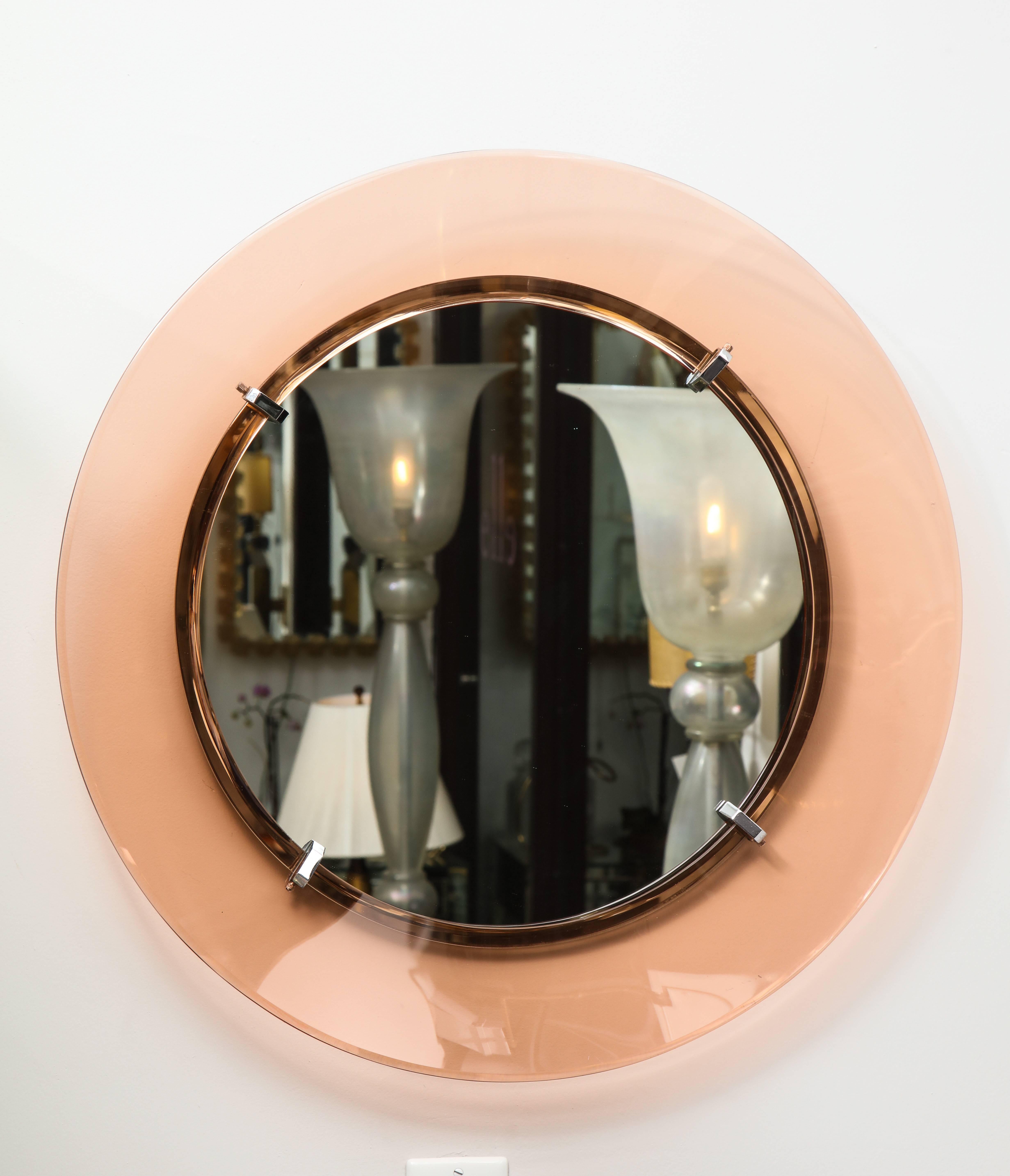 Beveled Italian Blush Colored Glass Framed Mirror Att Fontana Arte