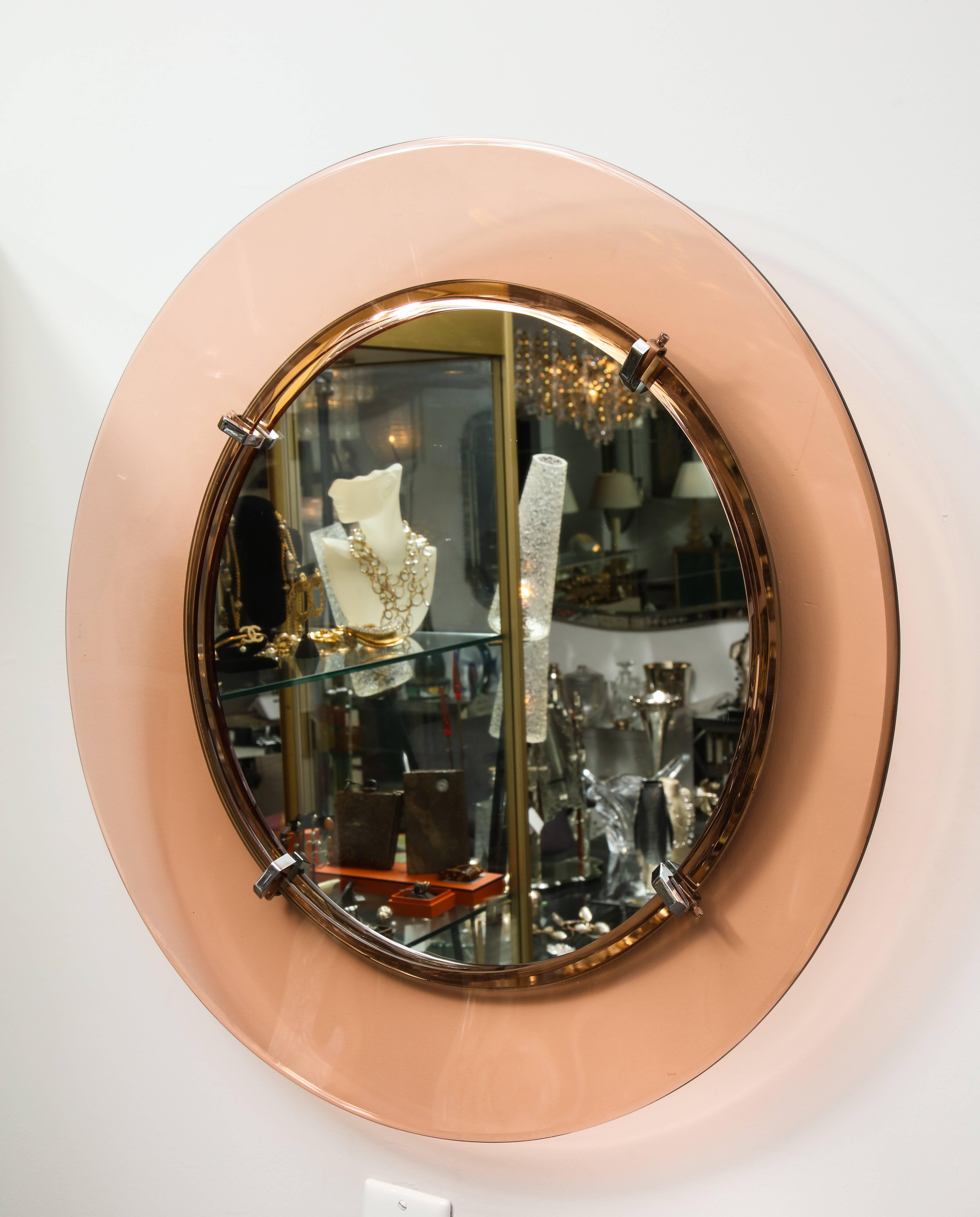 Mid-20th Century Italian Blush Colored Glass Framed Mirror Att Fontana Arte