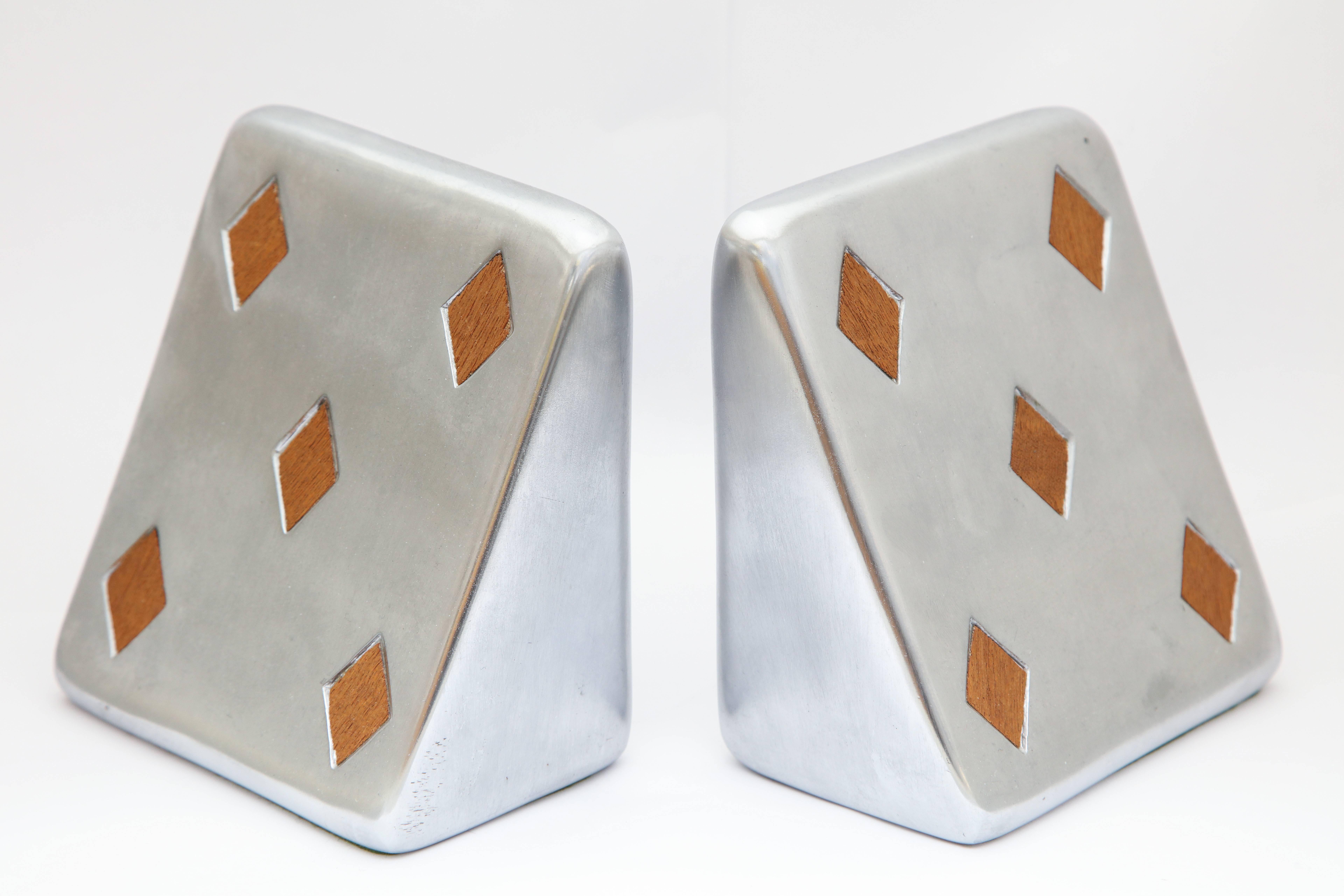 20th Century Ben Seibel Silver Metal Bookends with Inlaid Wood Diamonds
