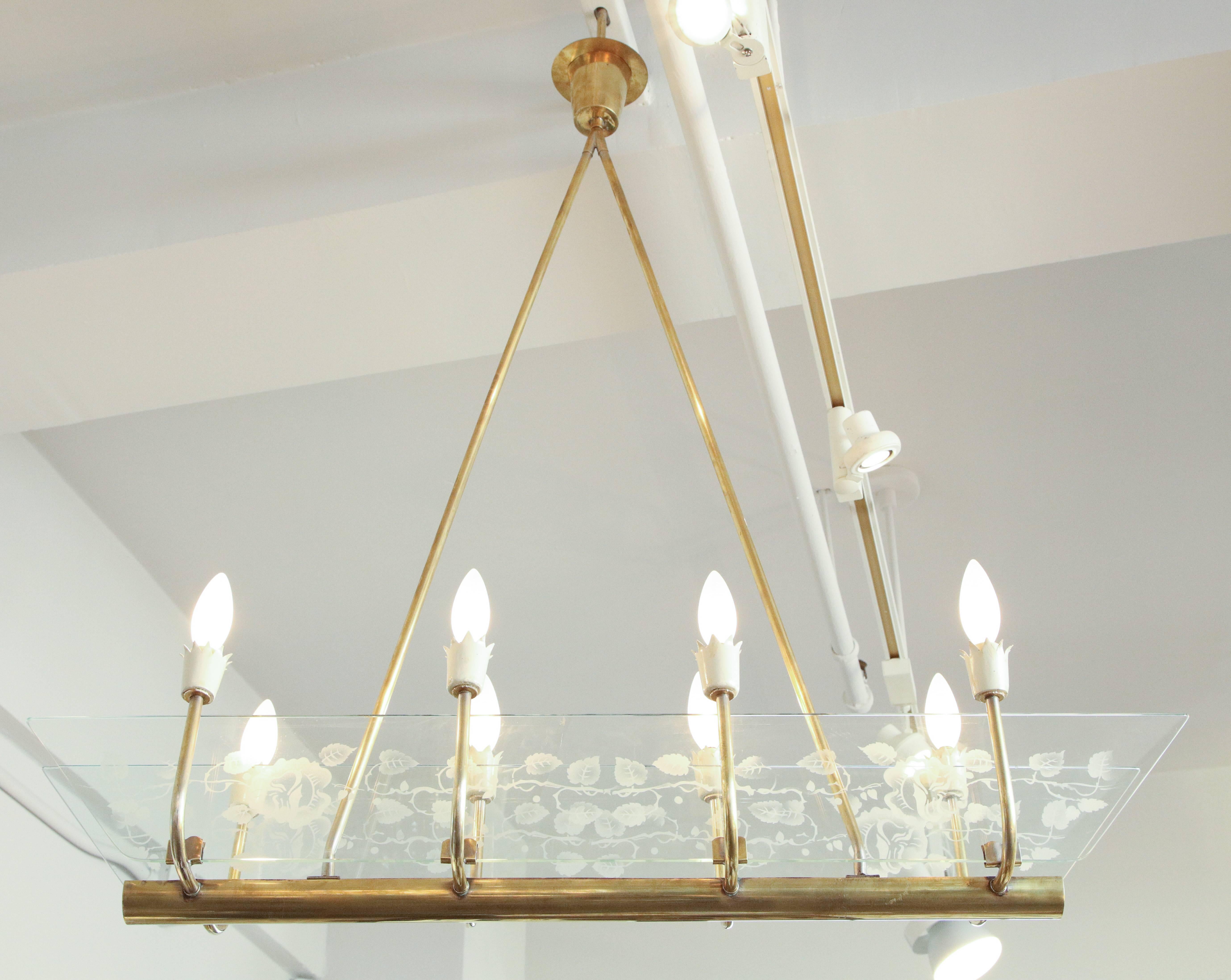 Two similar Italian  chandeliers with eight lights and two etched glass panels. The 
 brass fittings are original and have been cleaned.  There is a slight variation in the glass .  Can be sold separately.