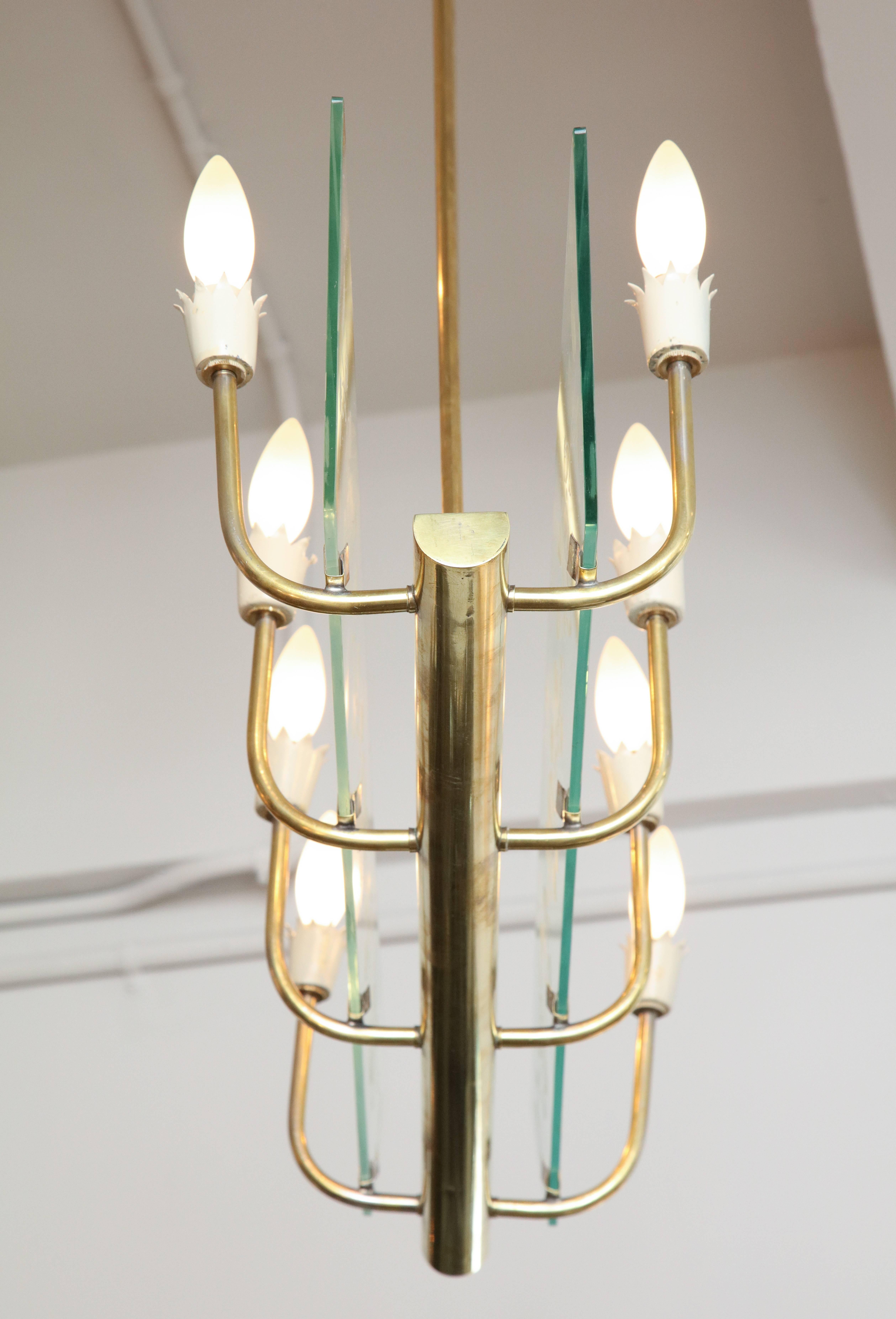 Brass  Italian Eight Light Etched Glass Chandeliers 