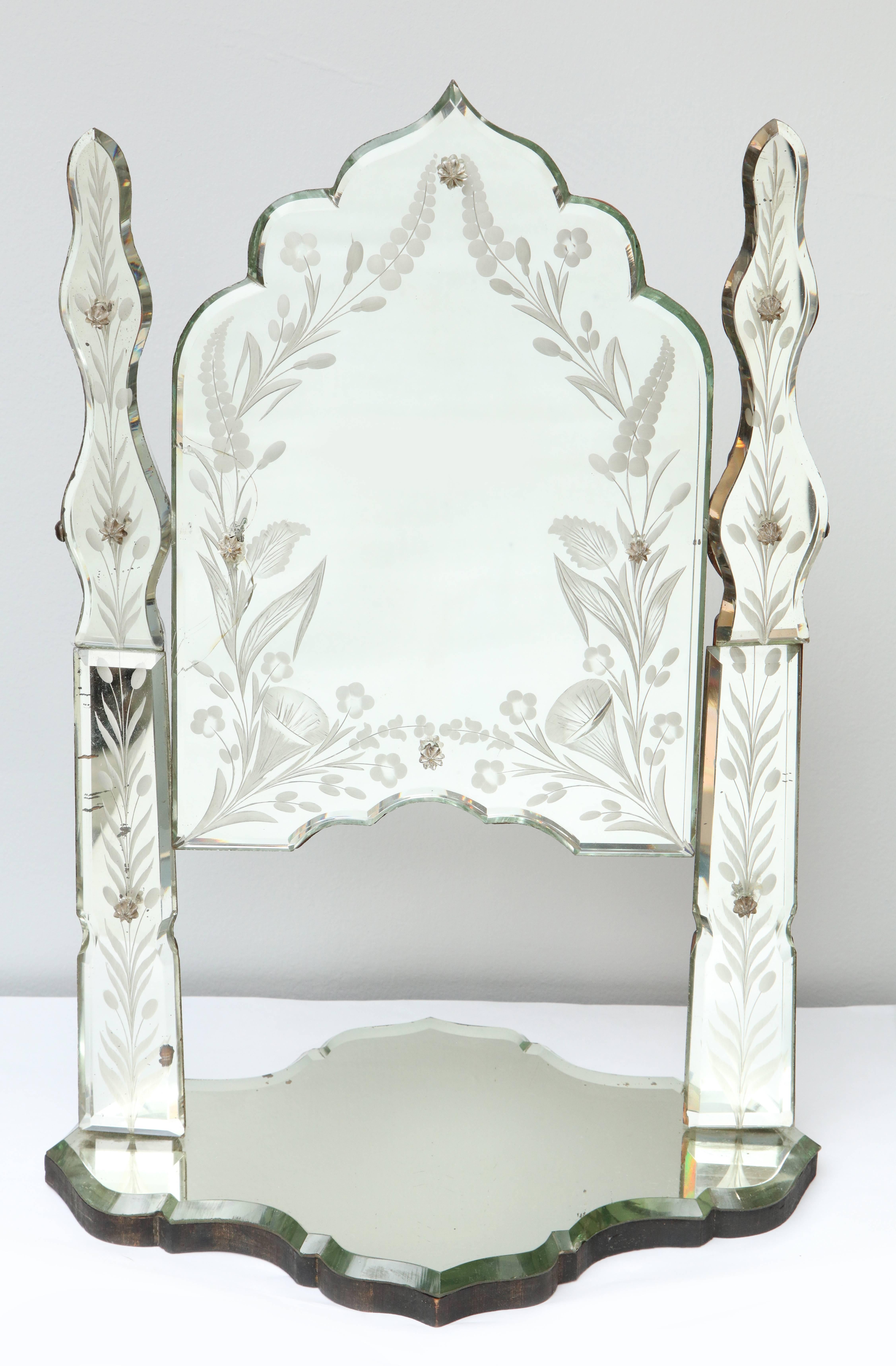 Early 20th Century Bevelled and Etched Vanity Mirror on Stand