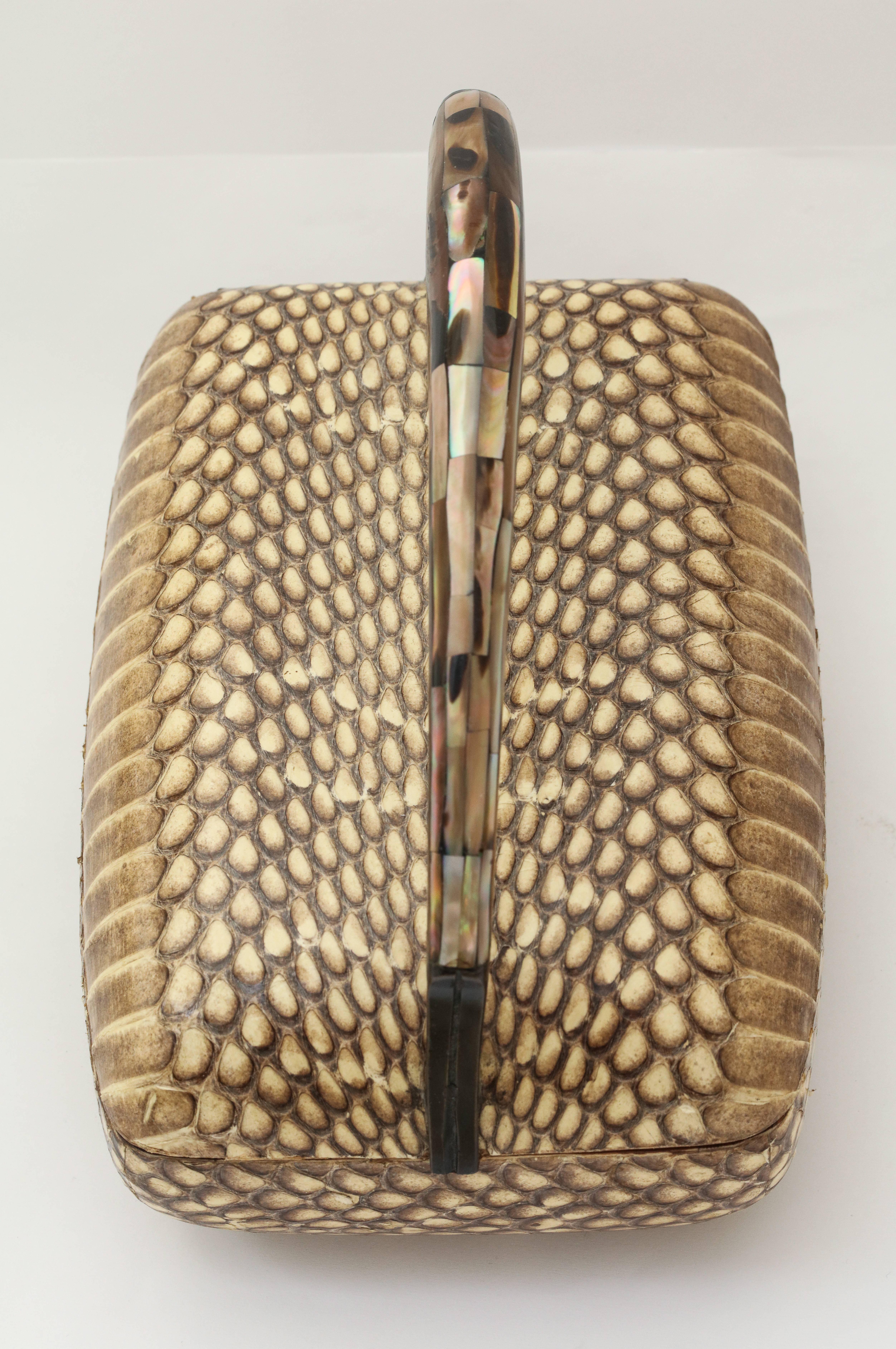 Modern R & Y Augousti Snake Skin Covered  Box with Mother-of-pearl Handle