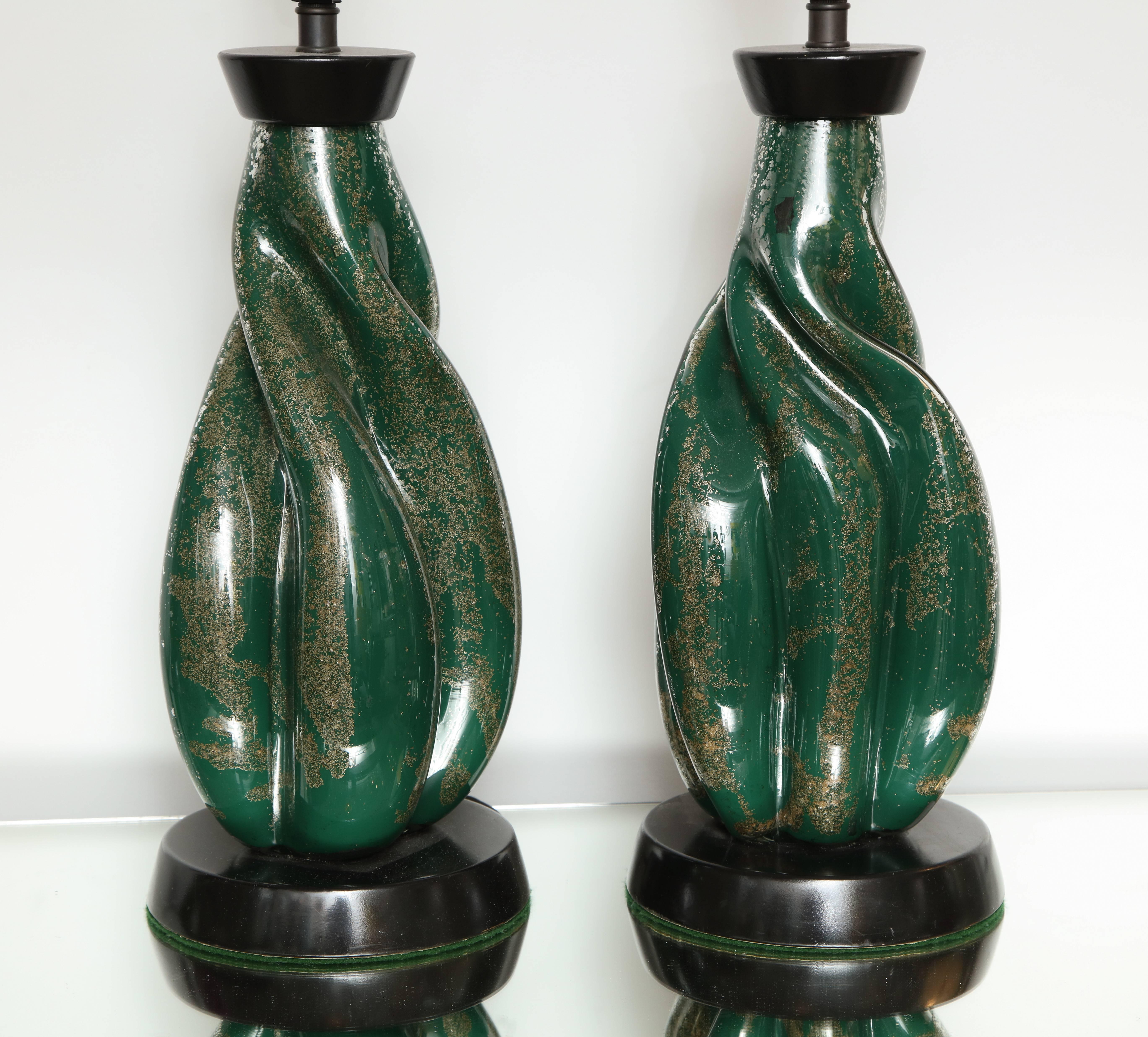 Mid-Century Modern Murano Green and Silver/Gold Fleck Twist Cased Glass Lamps