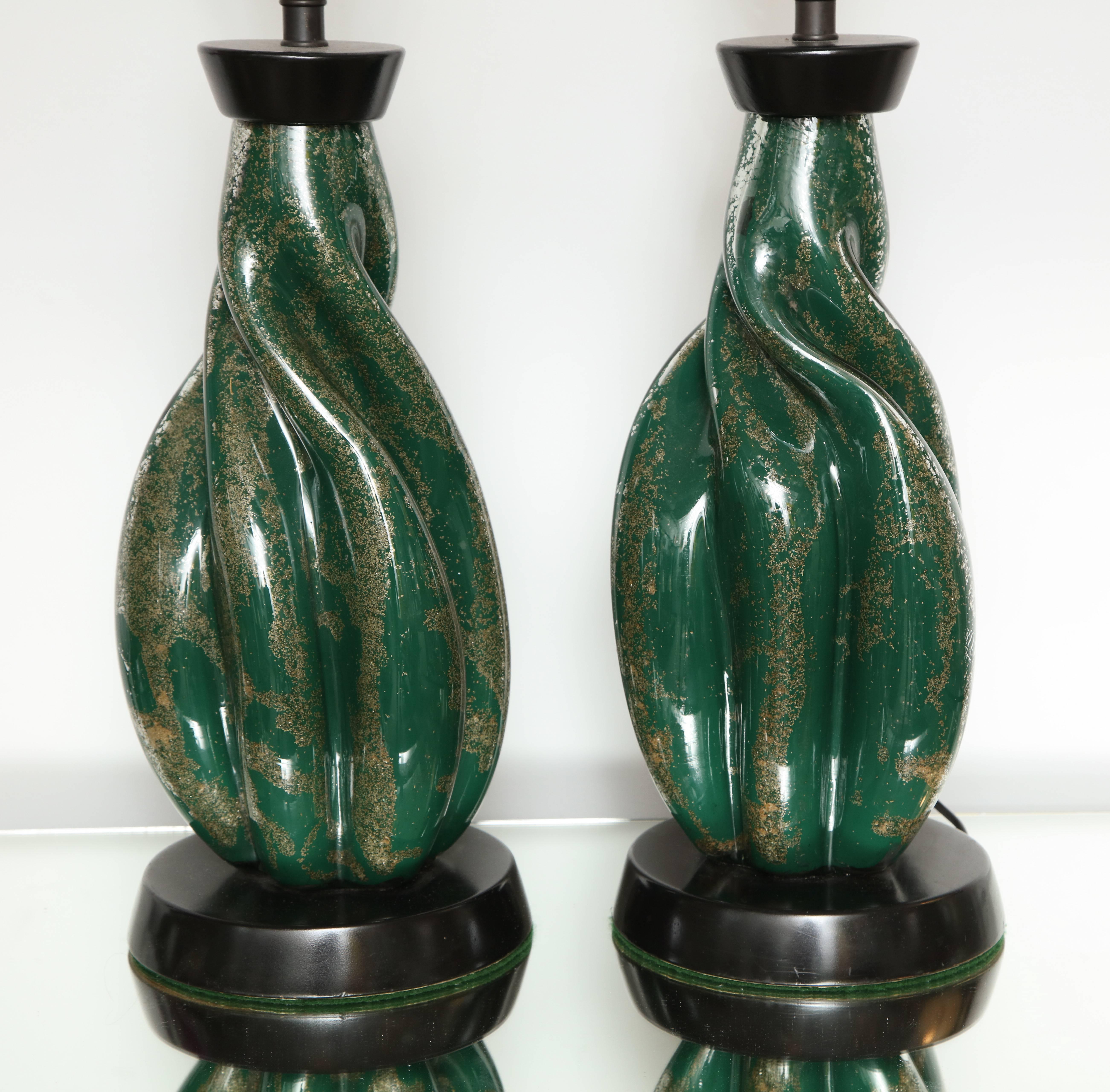 Mid-20th Century Murano Green and Silver/Gold Fleck Twist Cased Glass Lamps