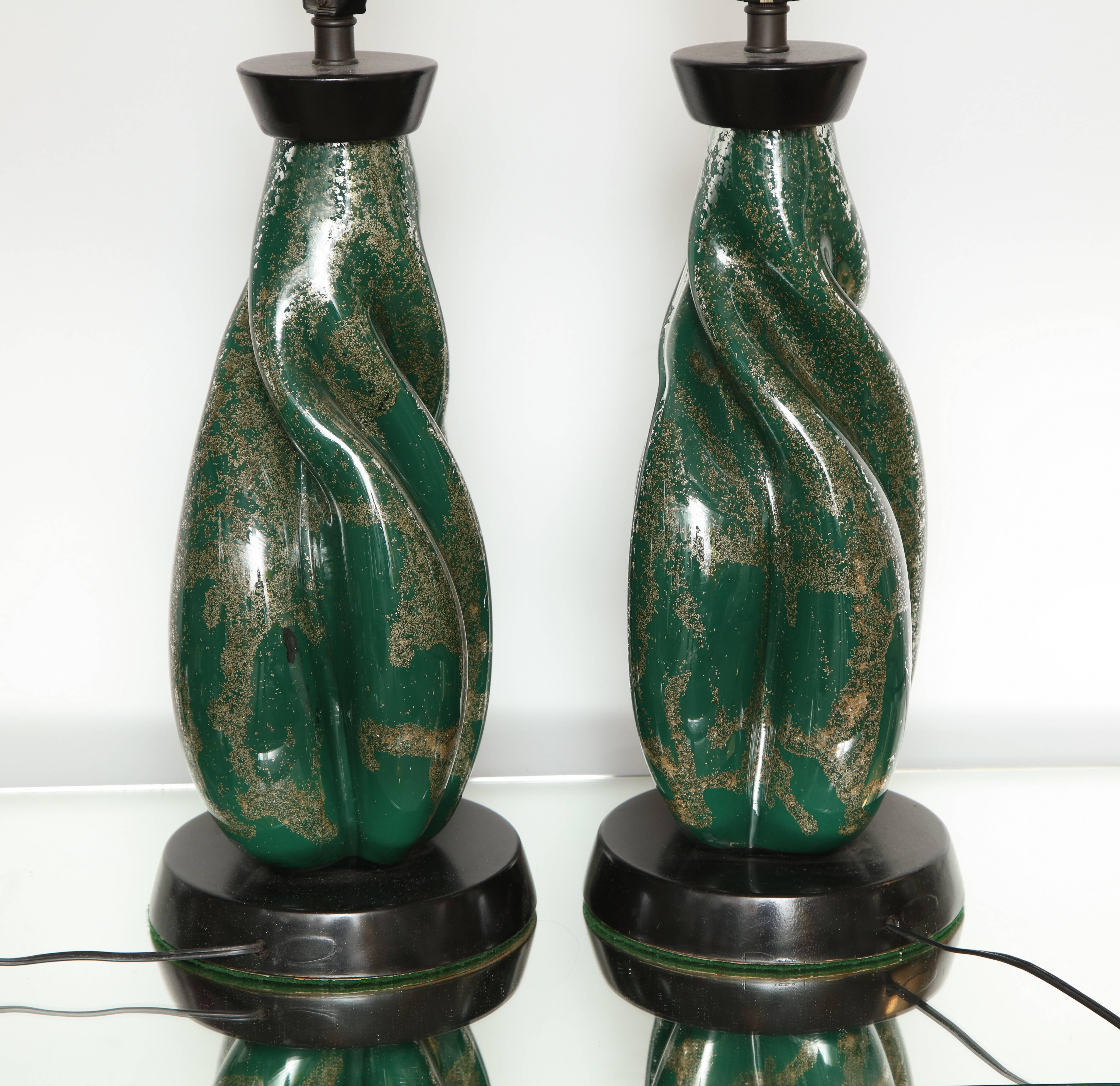 Blown Glass Murano Green and Silver/Gold Fleck Twist Cased Glass Lamps