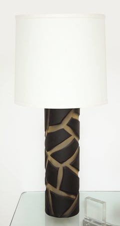 Pair of Deep Cut Frosted Black and White Giraffe Vivarini Murano Glass Lamps