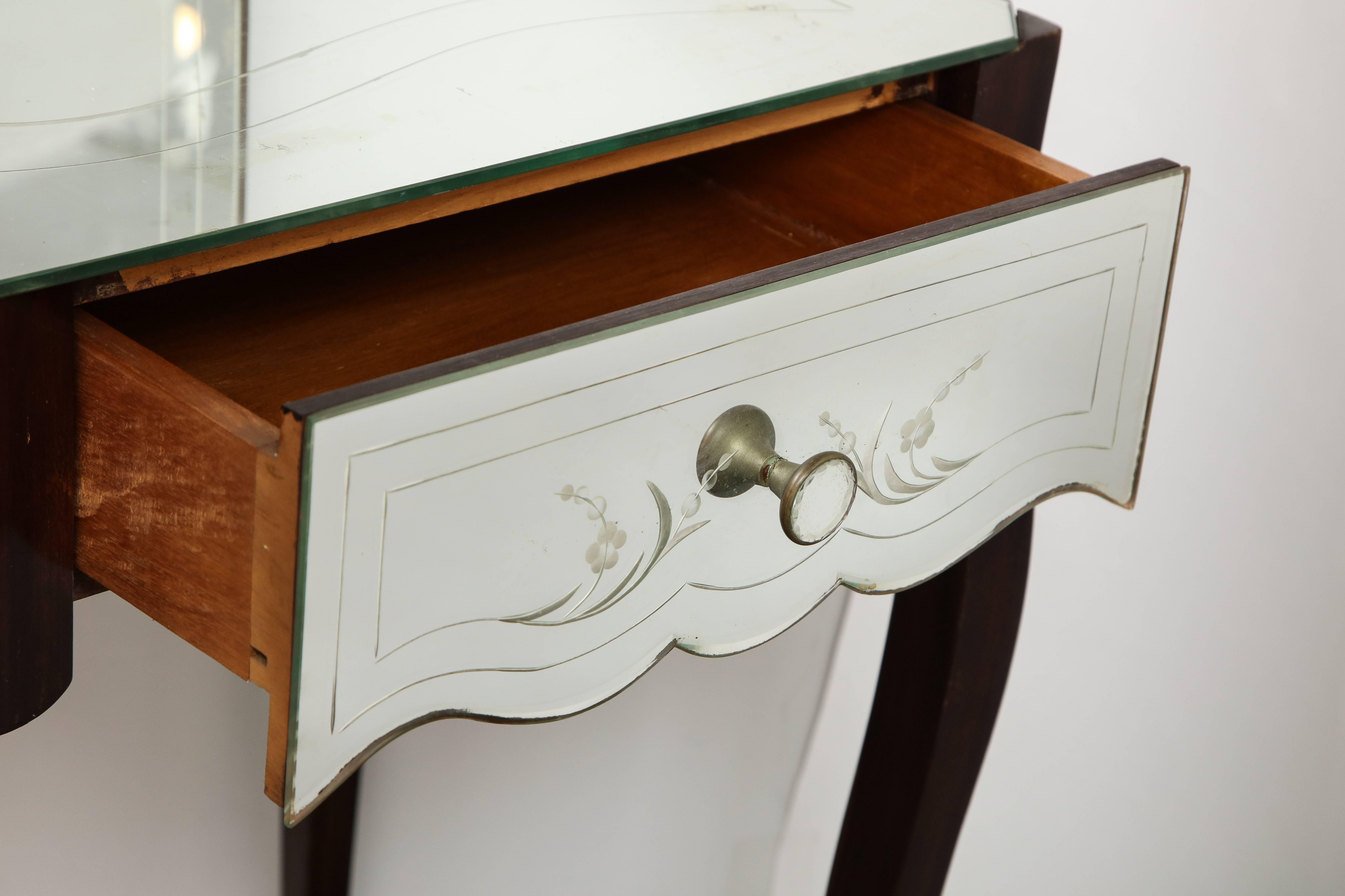 Mid-20th Century French Deco Mirrored Two-Drawer Vanity with Trifold Mirror