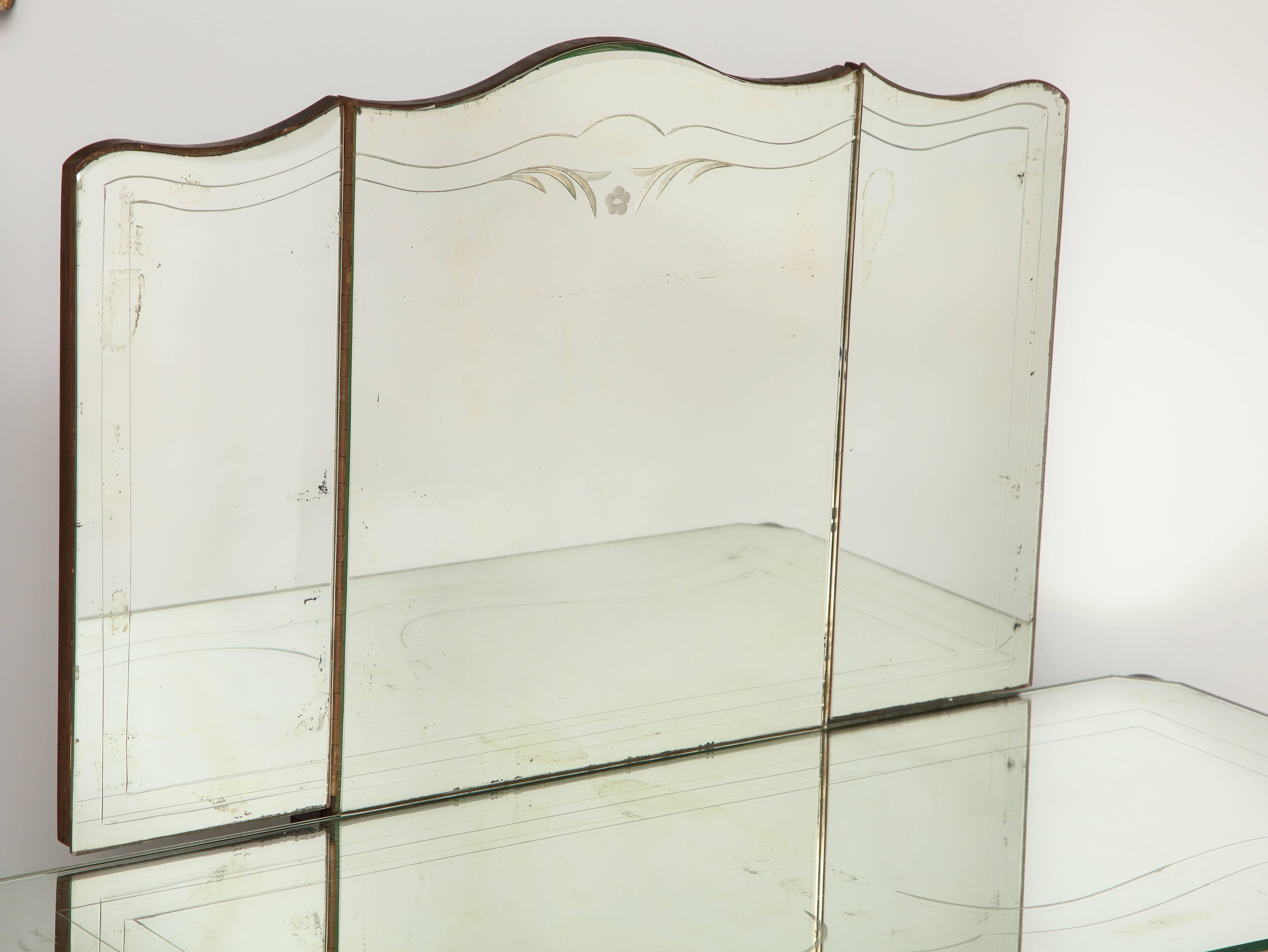 French Deco Mirrored Two-Drawer Vanity with Trifold Mirror 4