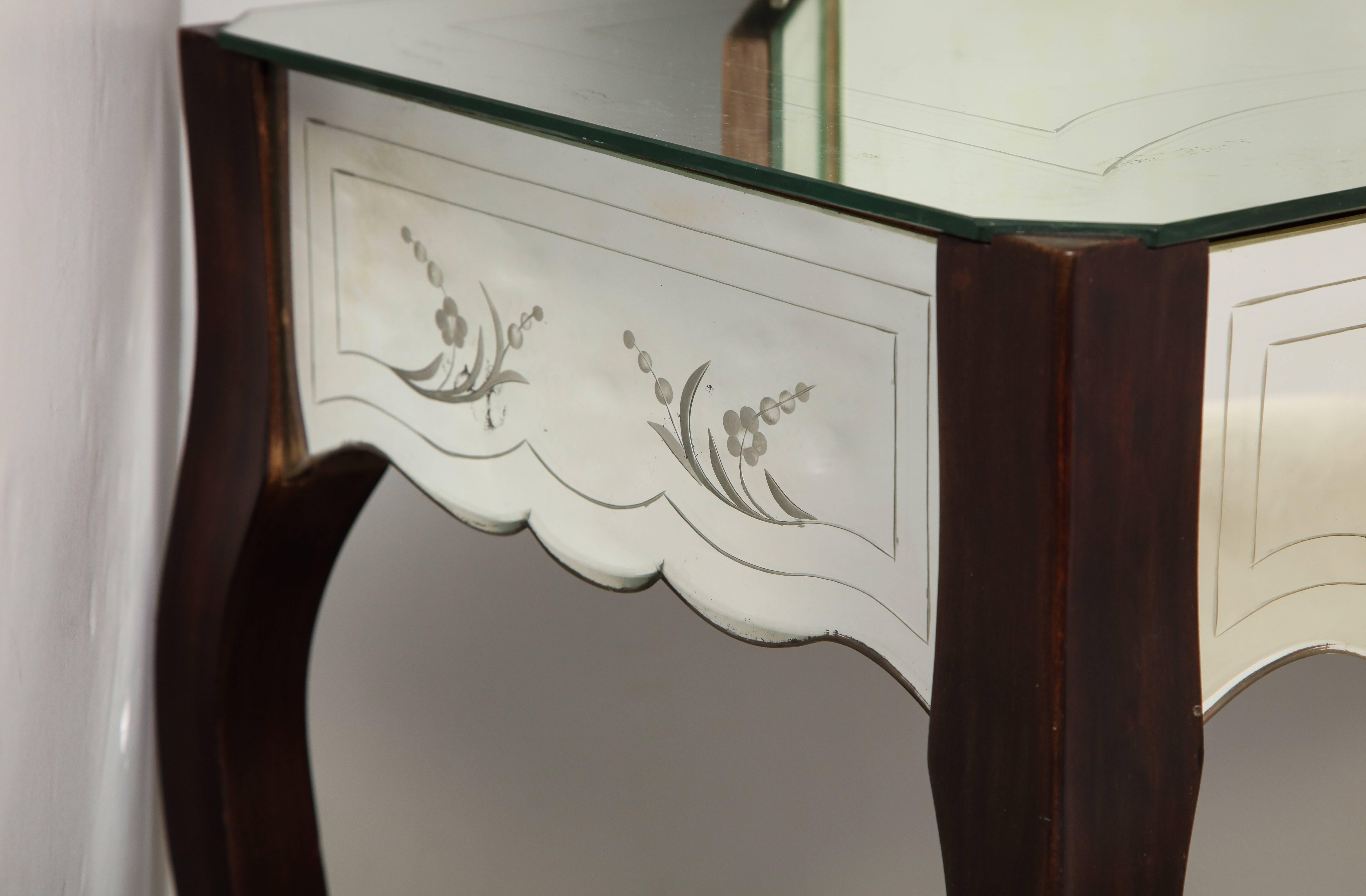 French Deco Mirrored Two-Drawer Vanity with Trifold Mirror 3