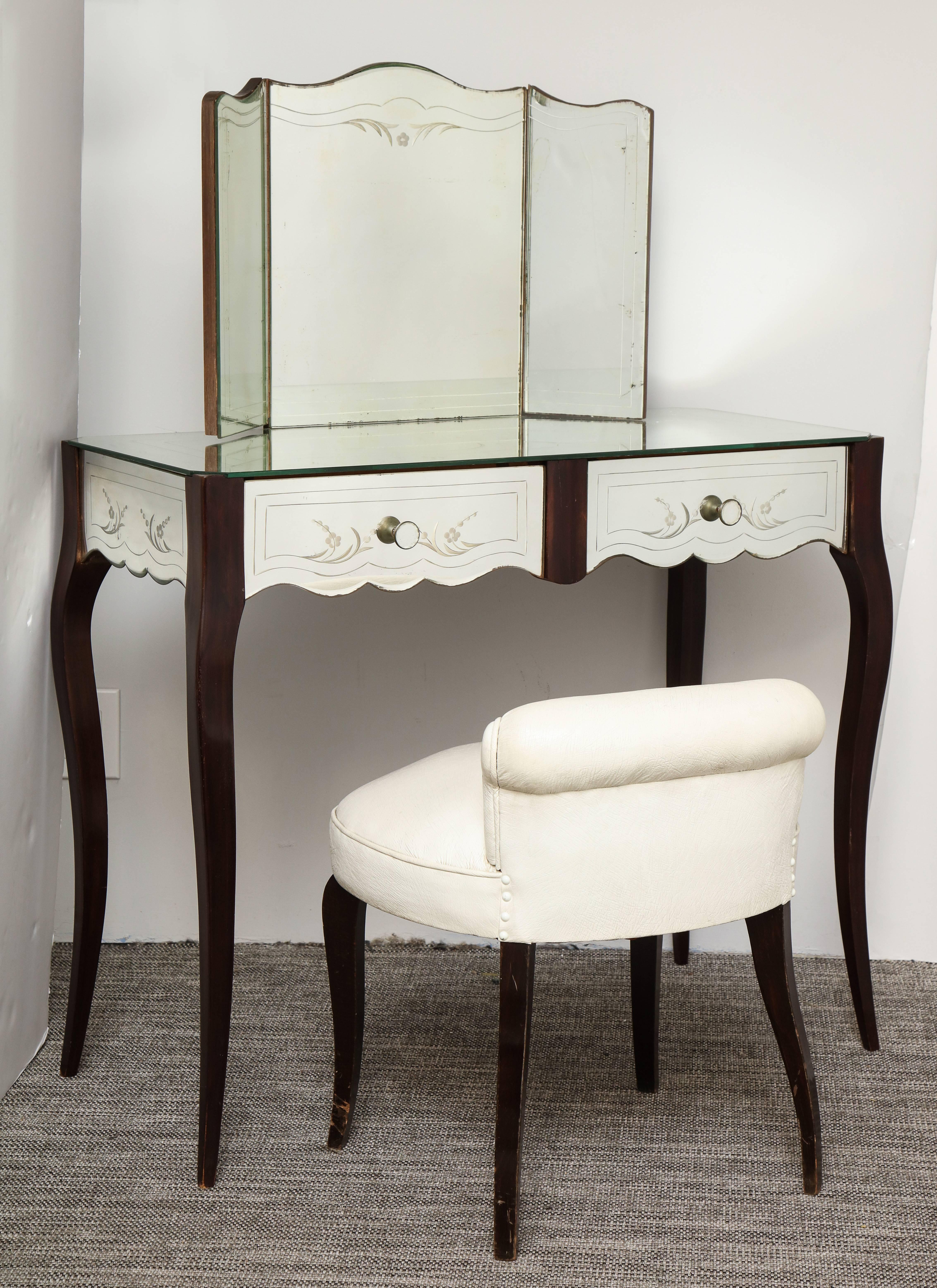 French Deco Mirrored Two-Drawer Vanity with Trifold Mirror 2
