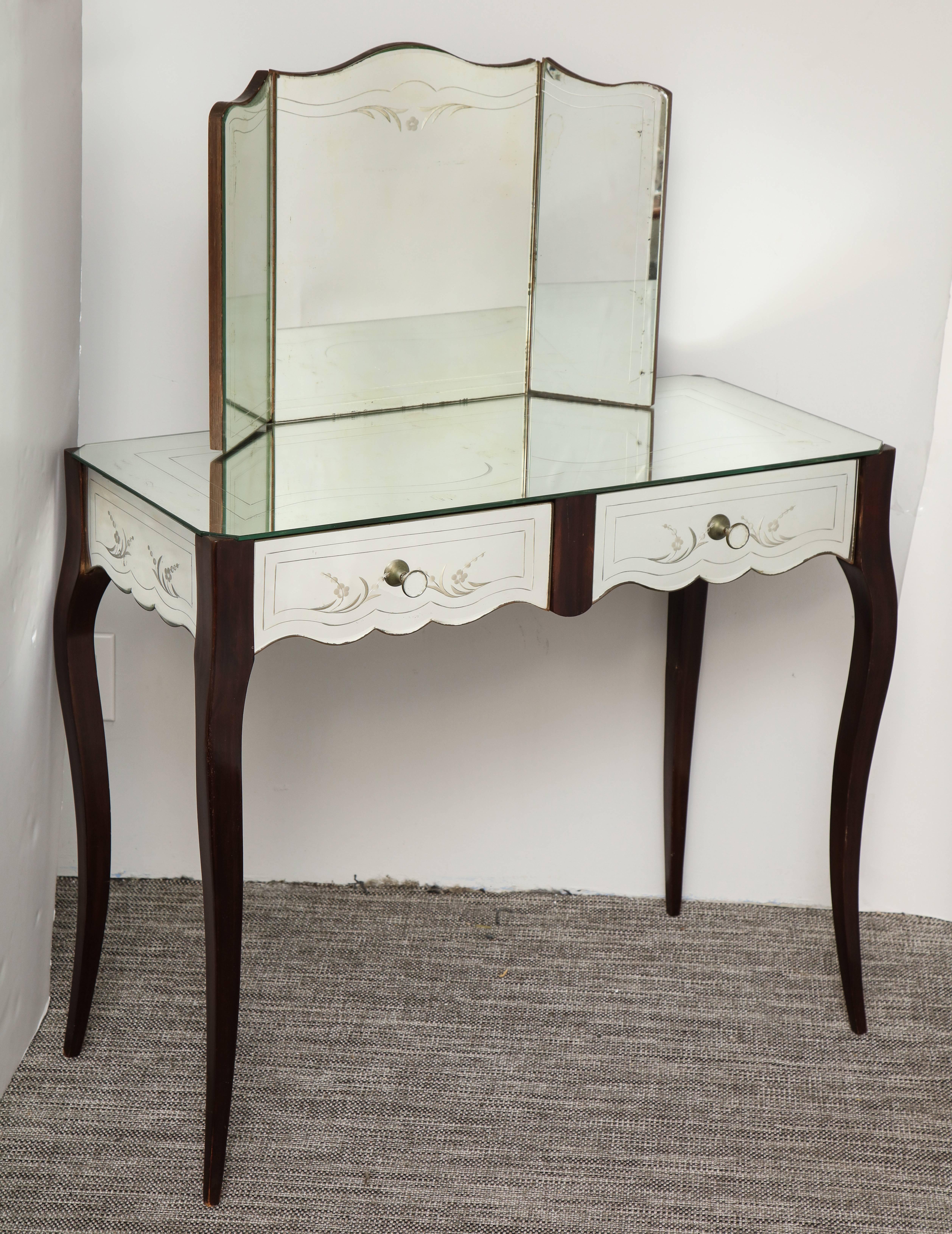 French Deco Mirrored Two-Drawer Vanity with Trifold Mirror 1