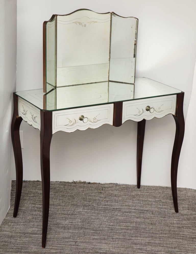 French Deco Mirrored TwoDrawer Vanity with Trifold Mirror at 1stDibs