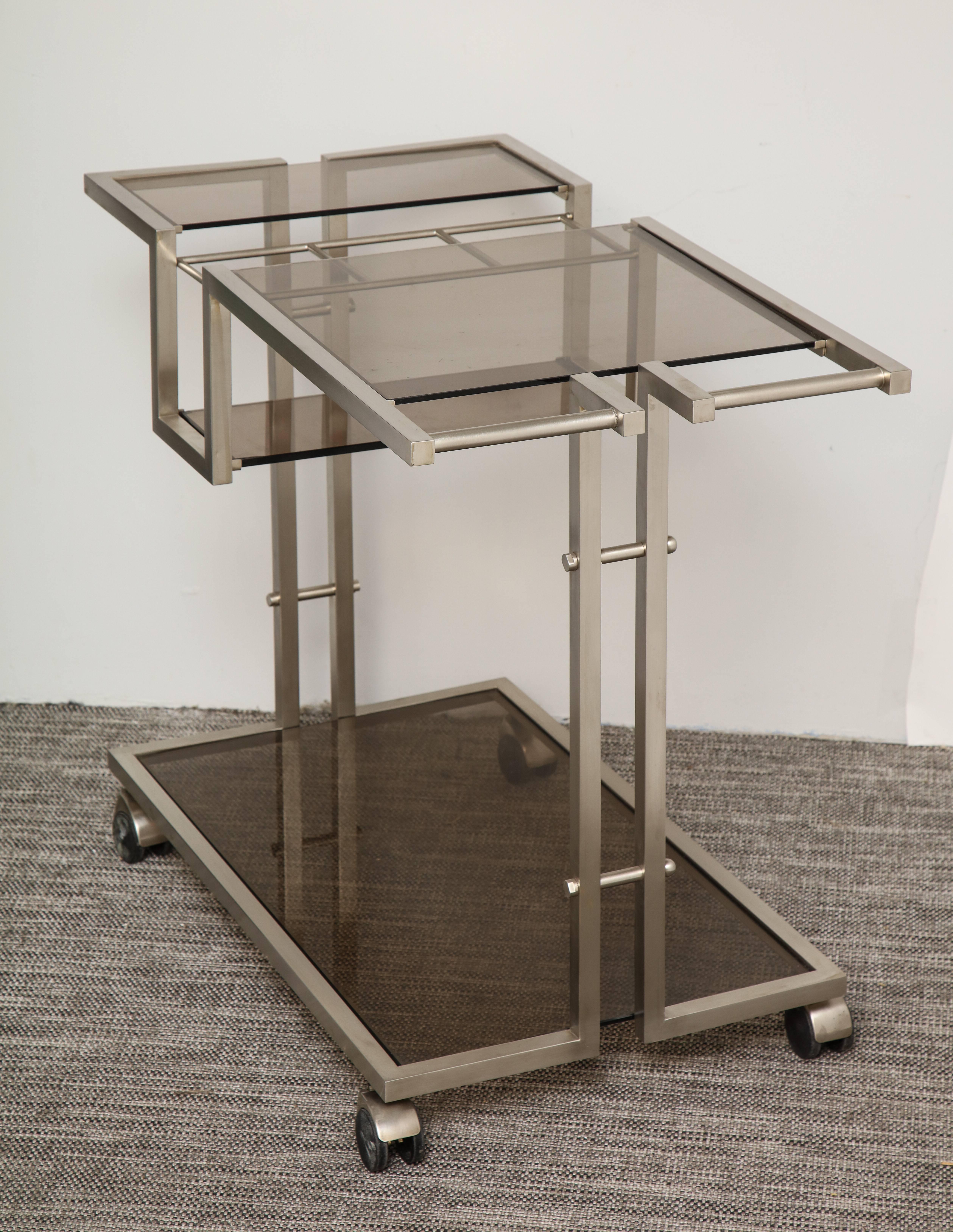 Art Deco Vintage Italian Brushed Nickel Bar Cart with Bottle Insert and Shelves For Sale
