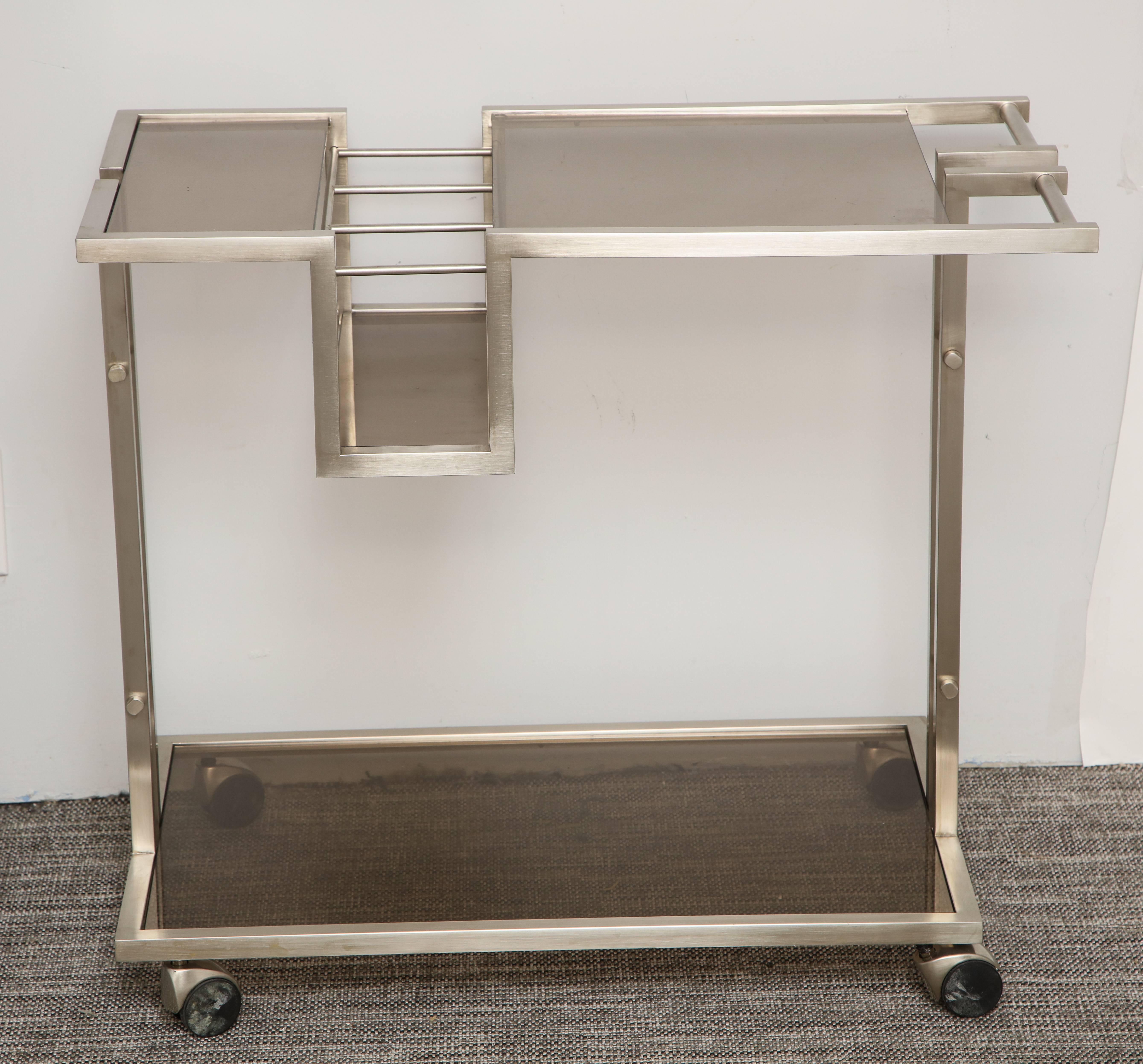 Vintage Italian Brushed Nickel Bar Cart with Bottle Insert and Shelves In Good Condition For Sale In New York, NY