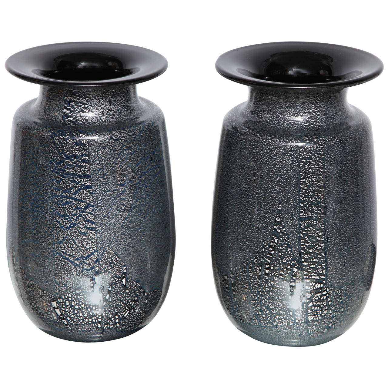 Seguso Vetri d'Arte Silver Leaf Black/Blue Glass Vases