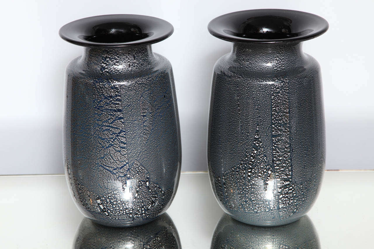 Modern Seguso Vetri d'Arte Silver Leaf Black/Blue Glass Vases For Sale