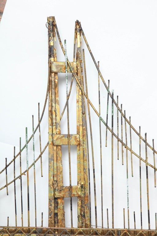 A great iconic depiction of the Brooklyn Bridge signed by the artist Curtis Jere in patinated and gilded wire and metal.