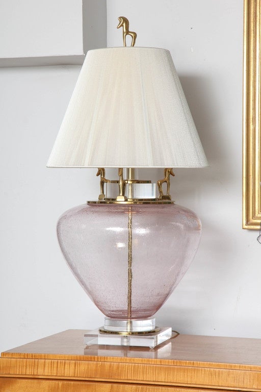 Large Champagne Colored Seguso Glass Lamps with Horse Motif