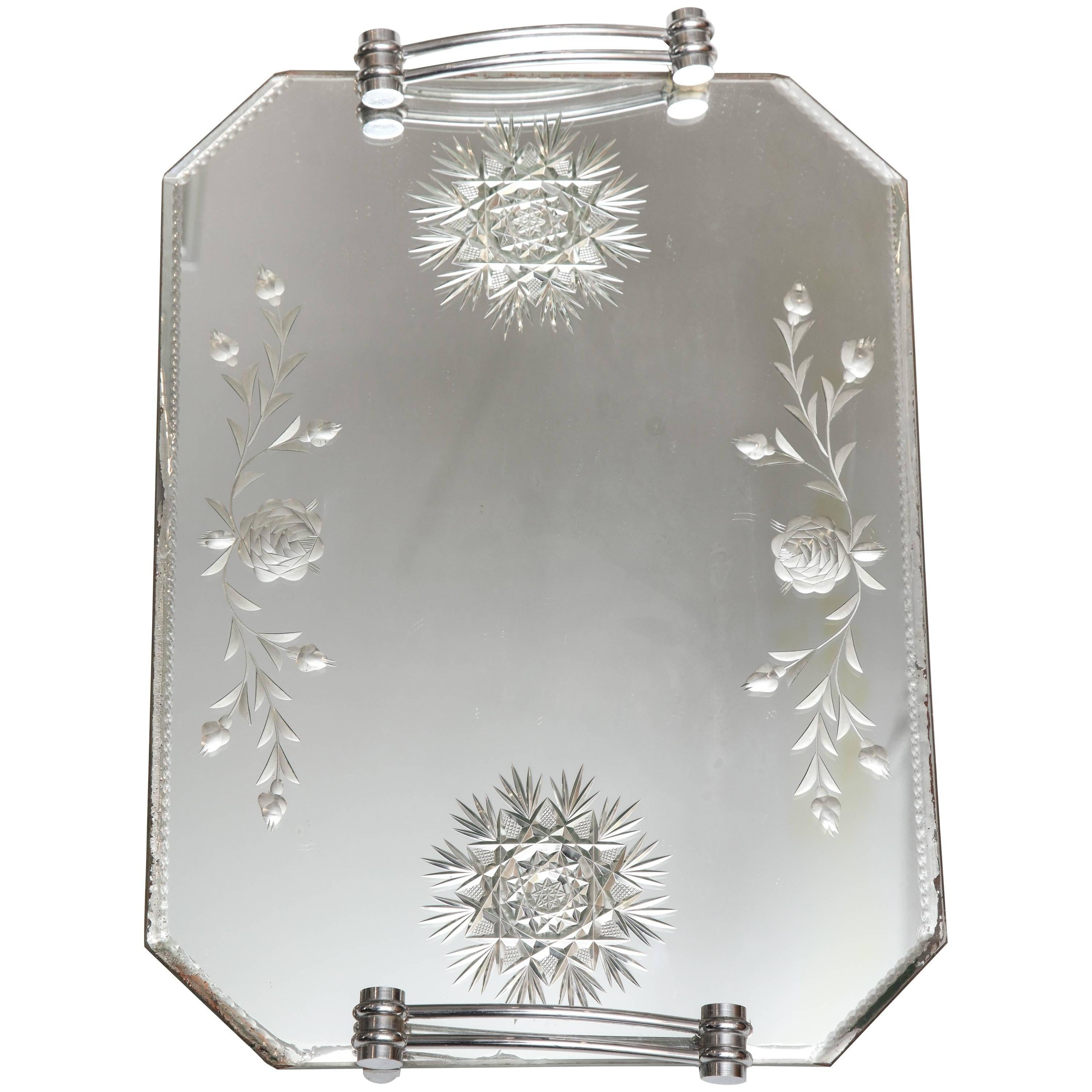  French Mirrored Vanity / Bar Tray  Hand Cut and Etched