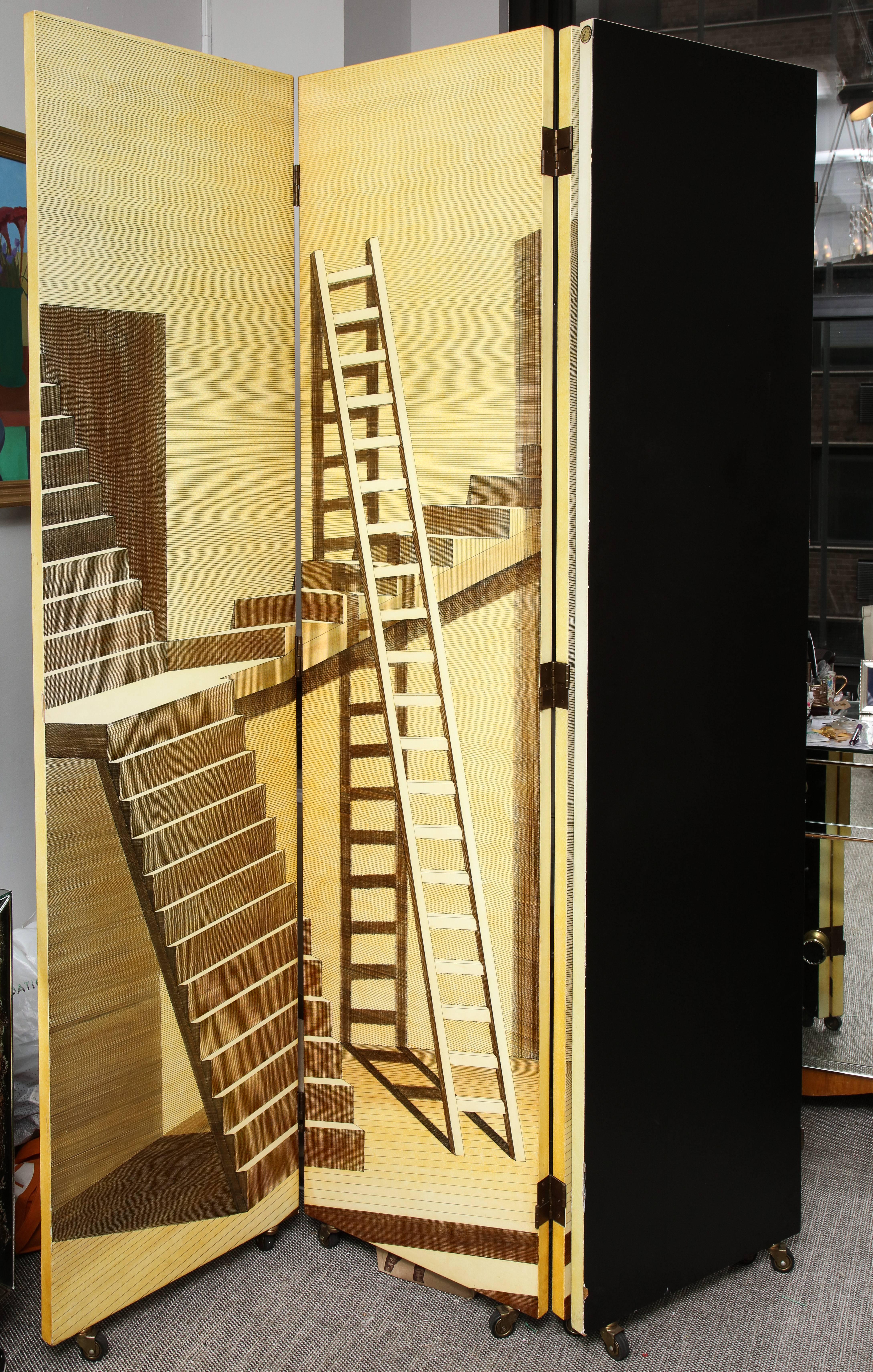Four-Panel Scaletta Folding Screen Piero Fornasetti Italy Trompe L’Oeil Transfer In Good Condition In New York, NY