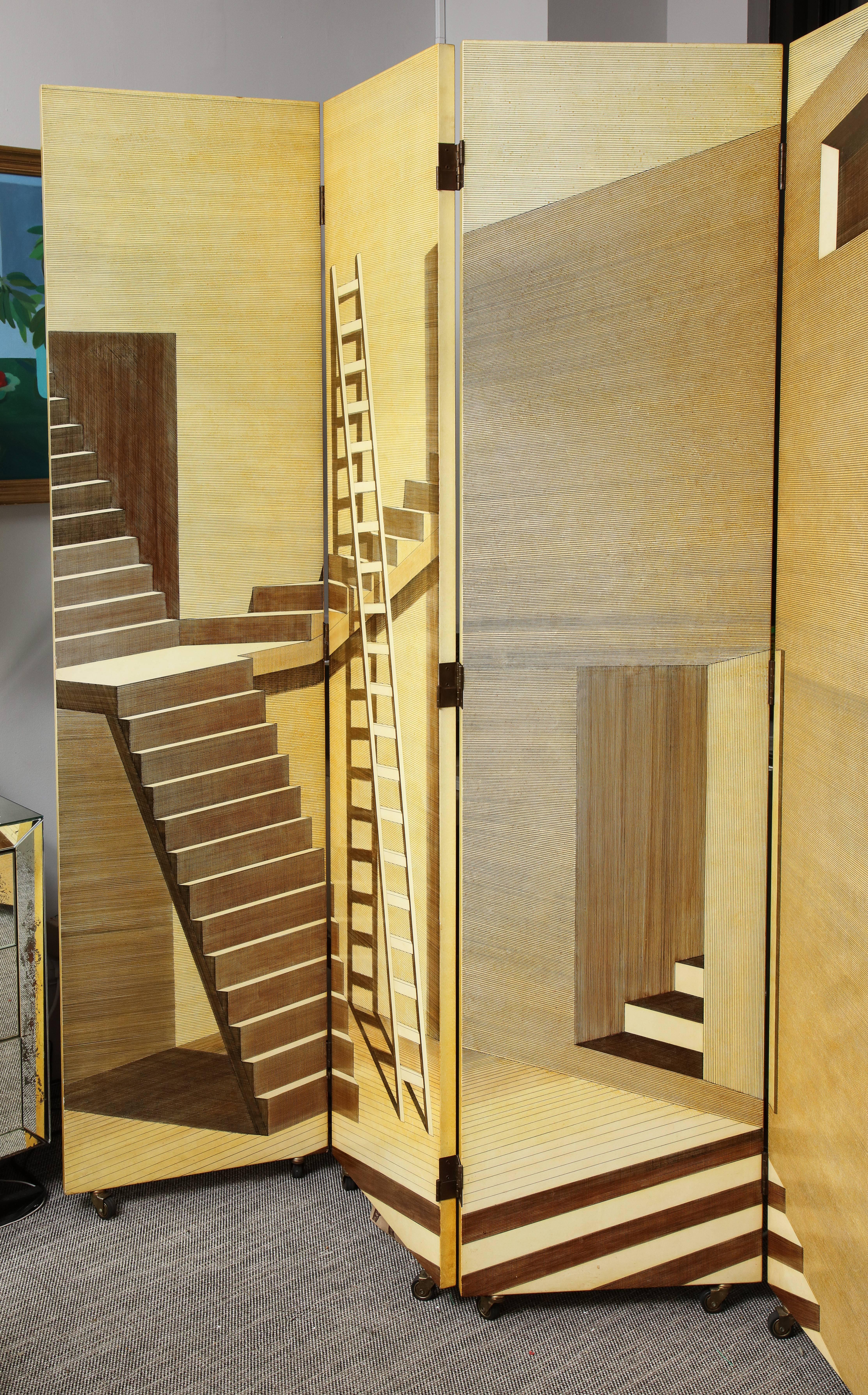 Late 20th Century Four-Panel Scaletta Folding Screen Piero Fornasetti Italy Trompe L’Oeil Transfer