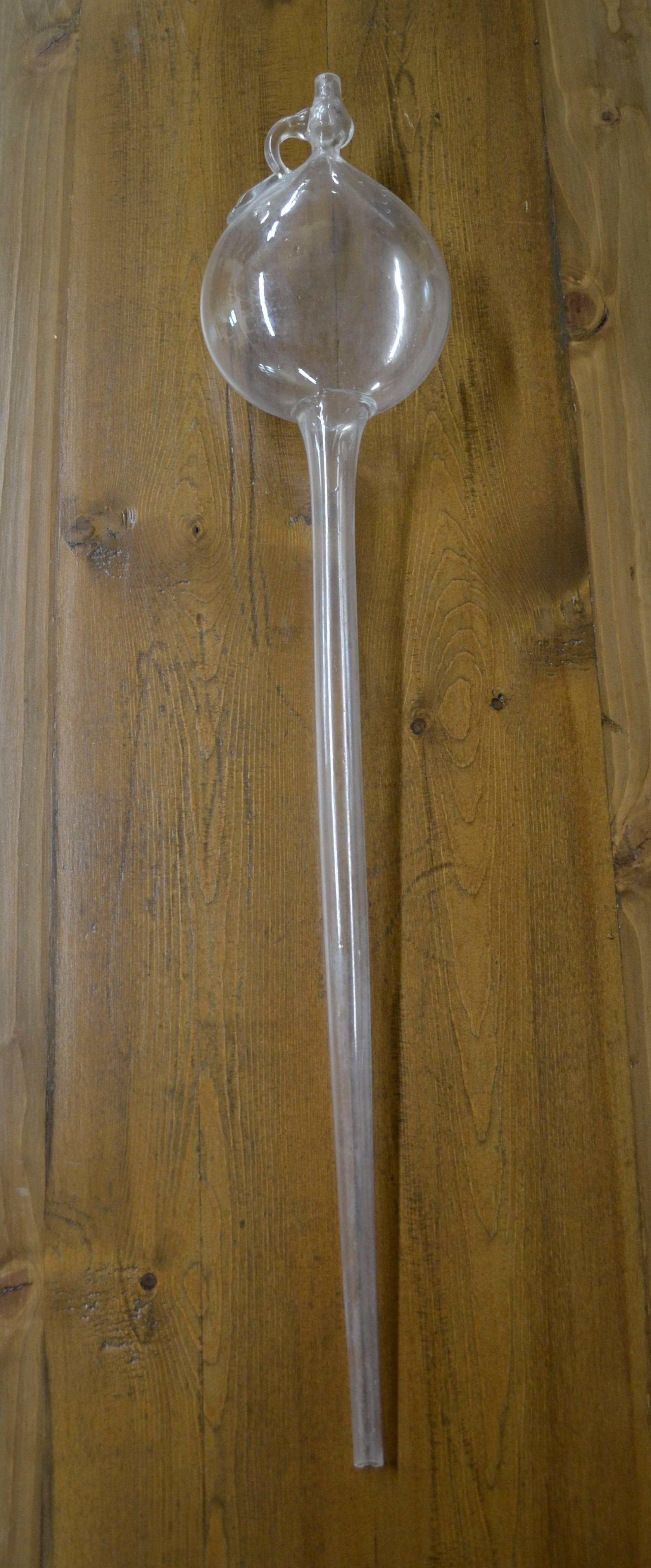 This is a 1000ml vintage hand-blown glass wine thief or calabash from Eger, Hungary, the home of “Egri Bikaver”, the famous “Bull’s Blood” red wine.  It is used for sampling wine from the barrel.  The tip is inserted into the side bunghole of a
