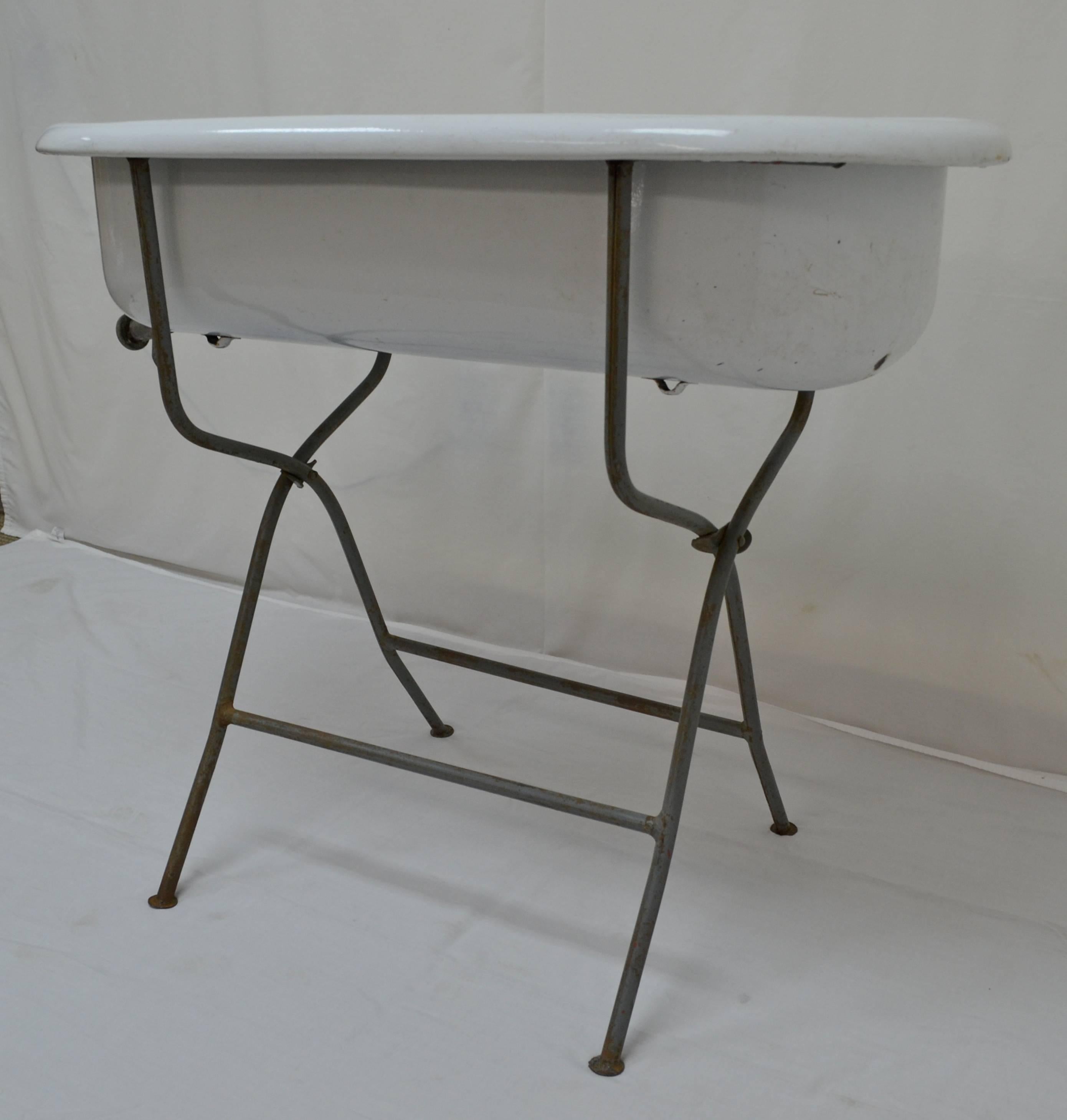 Hungarian Vintage Porcelain Enameled Baby Bath on Folding Wrought Iron Stand