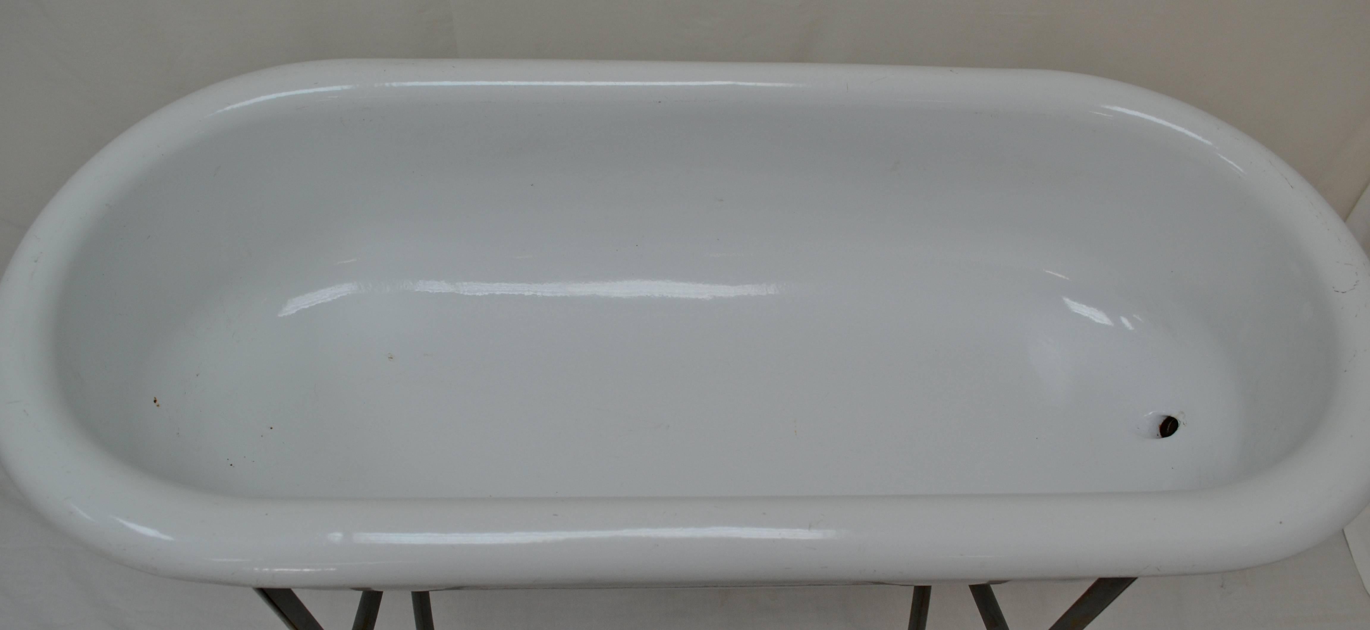 Vintage Porcelain Enameled Baby Bath on Folding Wrought Iron Stand 1