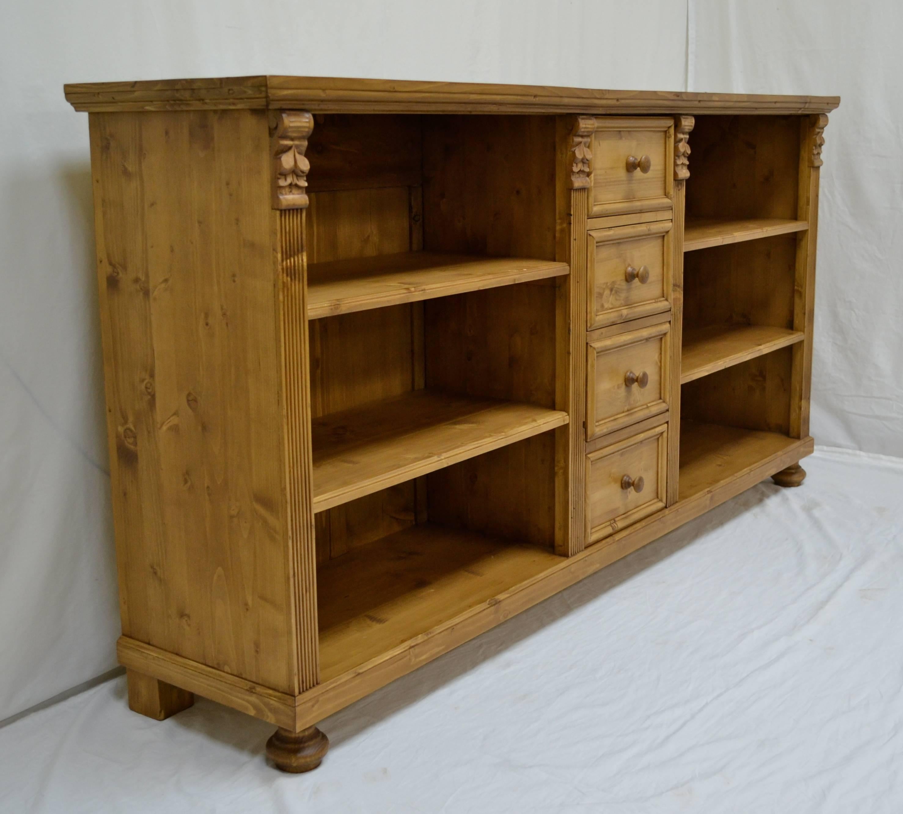 Hungarian Long Pine Bookcase with Four Drawers