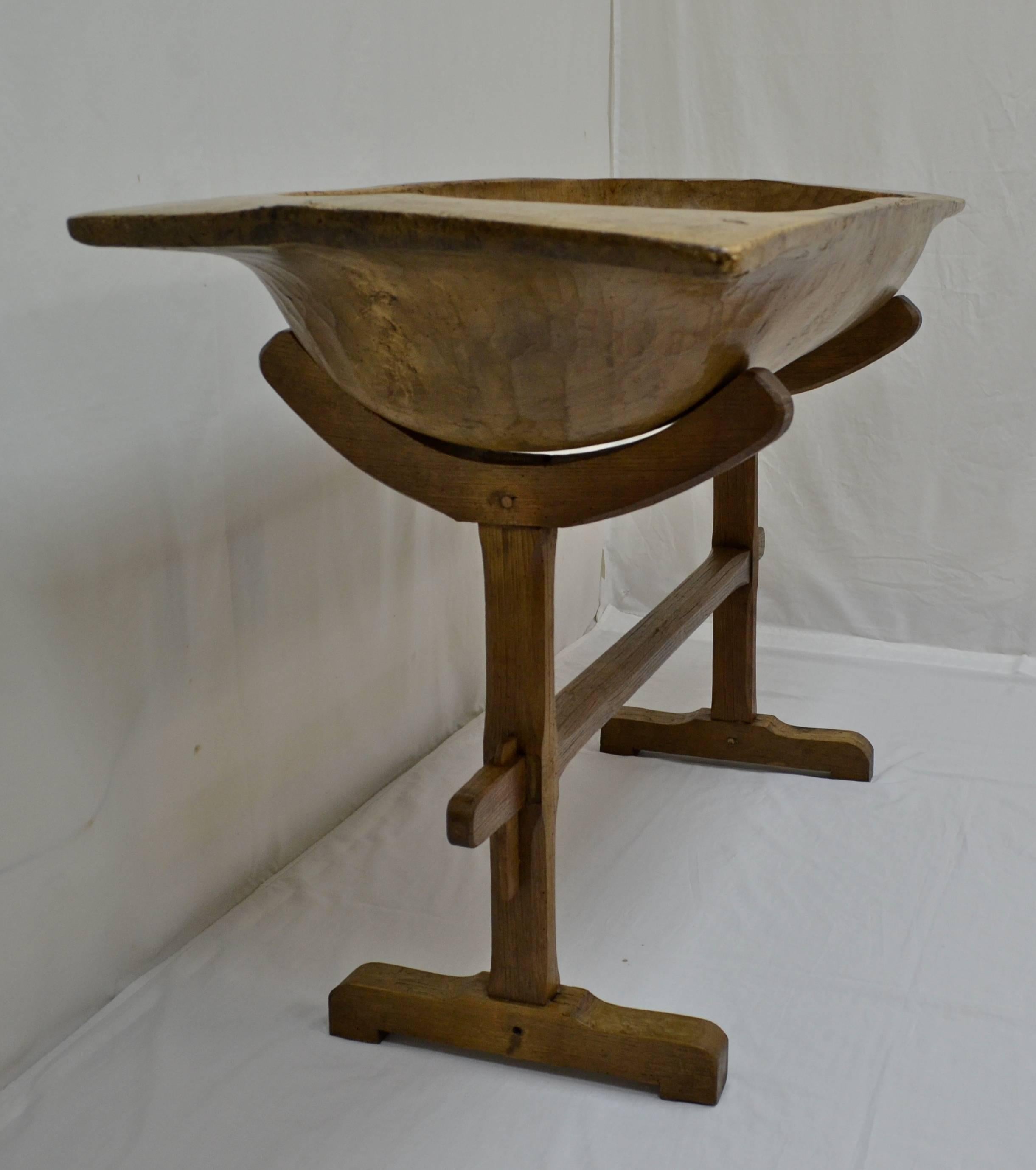 Country Huge Fruitwood Trog or Dough Bowl with Oak Stand