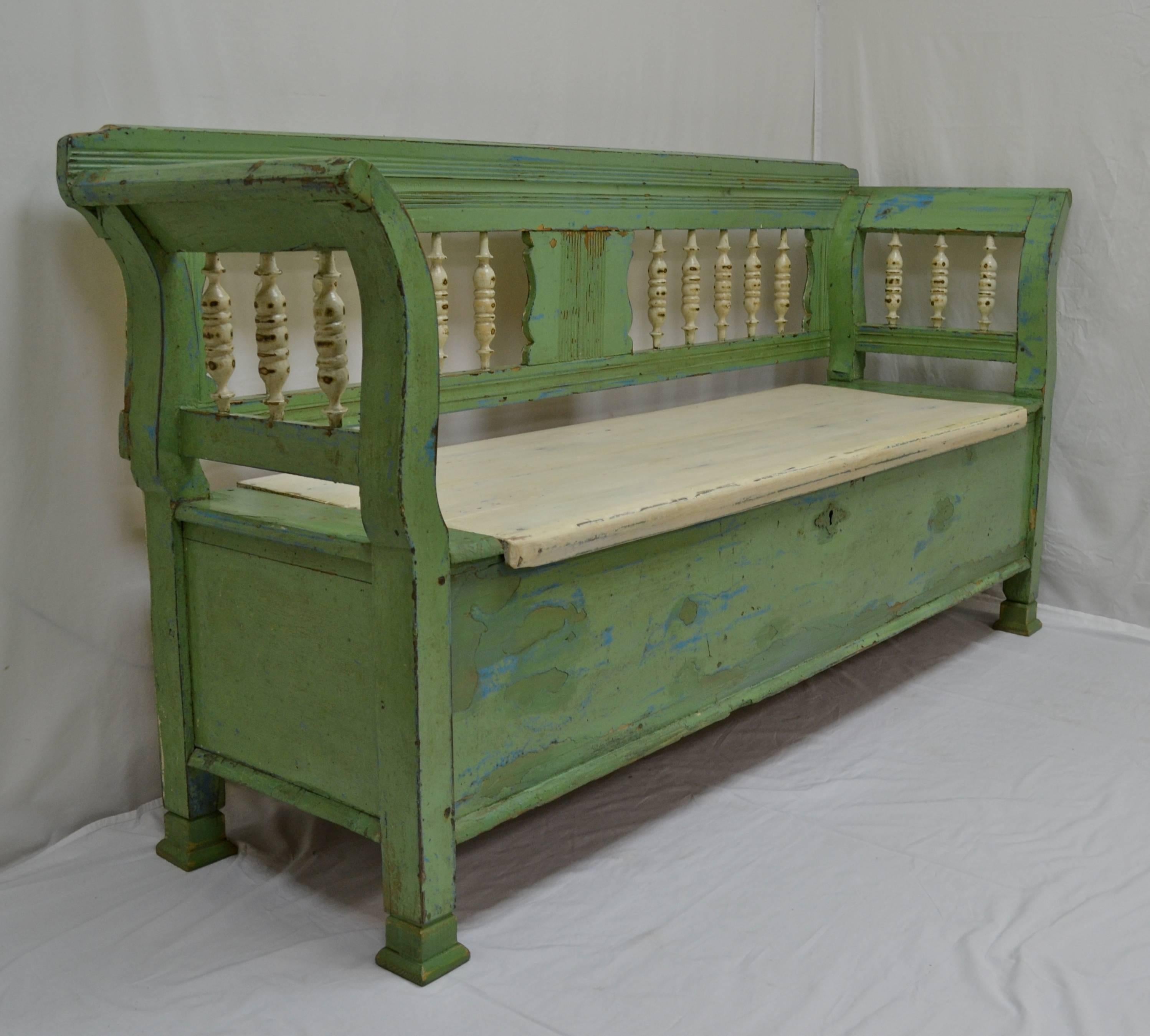 Hungarian Painted Pine and Oak Box Bench