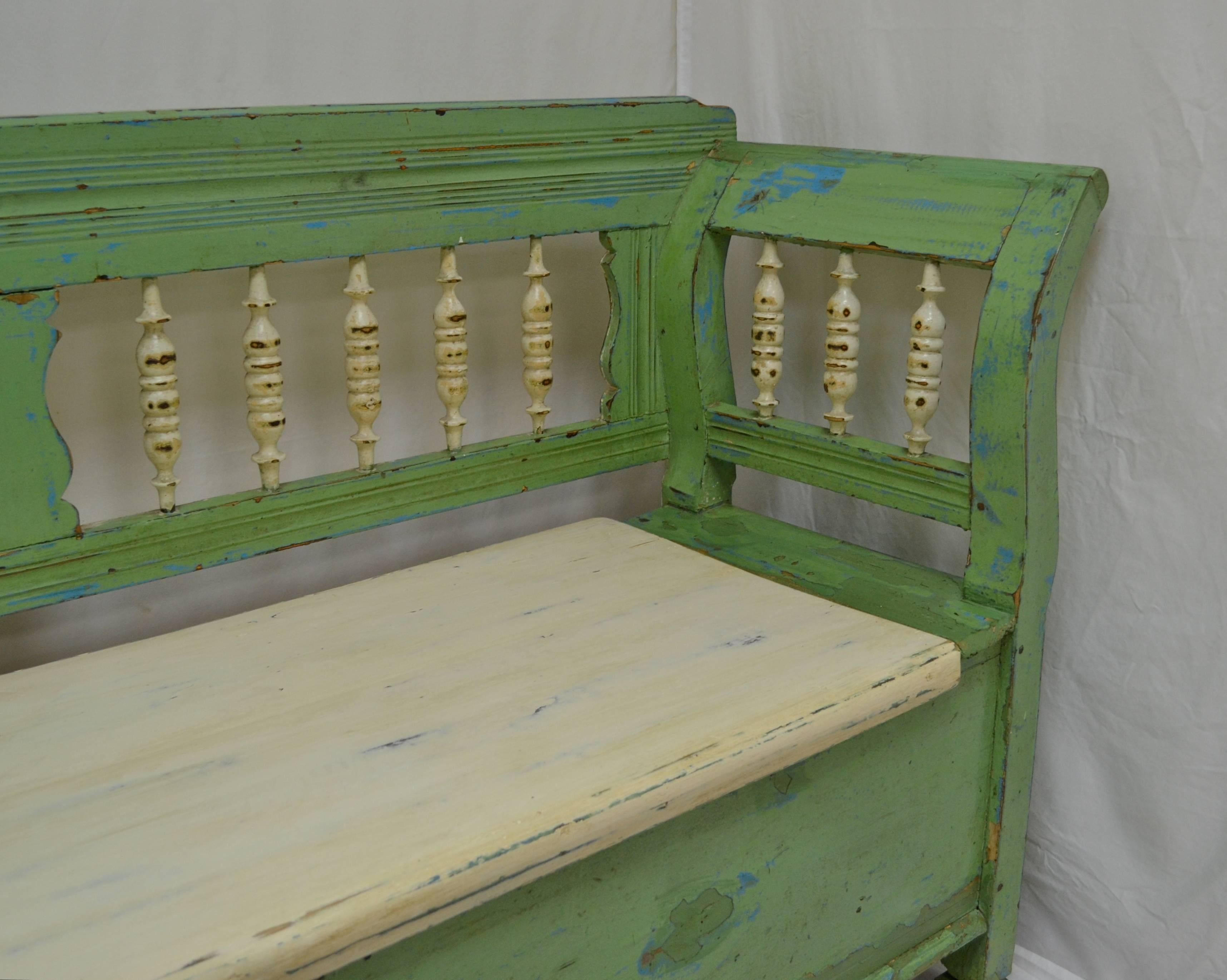 19th Century Painted Pine and Oak Box Bench