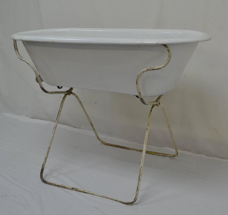 Vintage Porcelain Enamel Baby Bath on Stand at 1stdibs