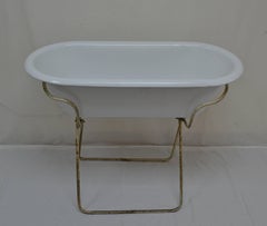 Vintage Porcelain Enamel Baby Bath on Folding Stand