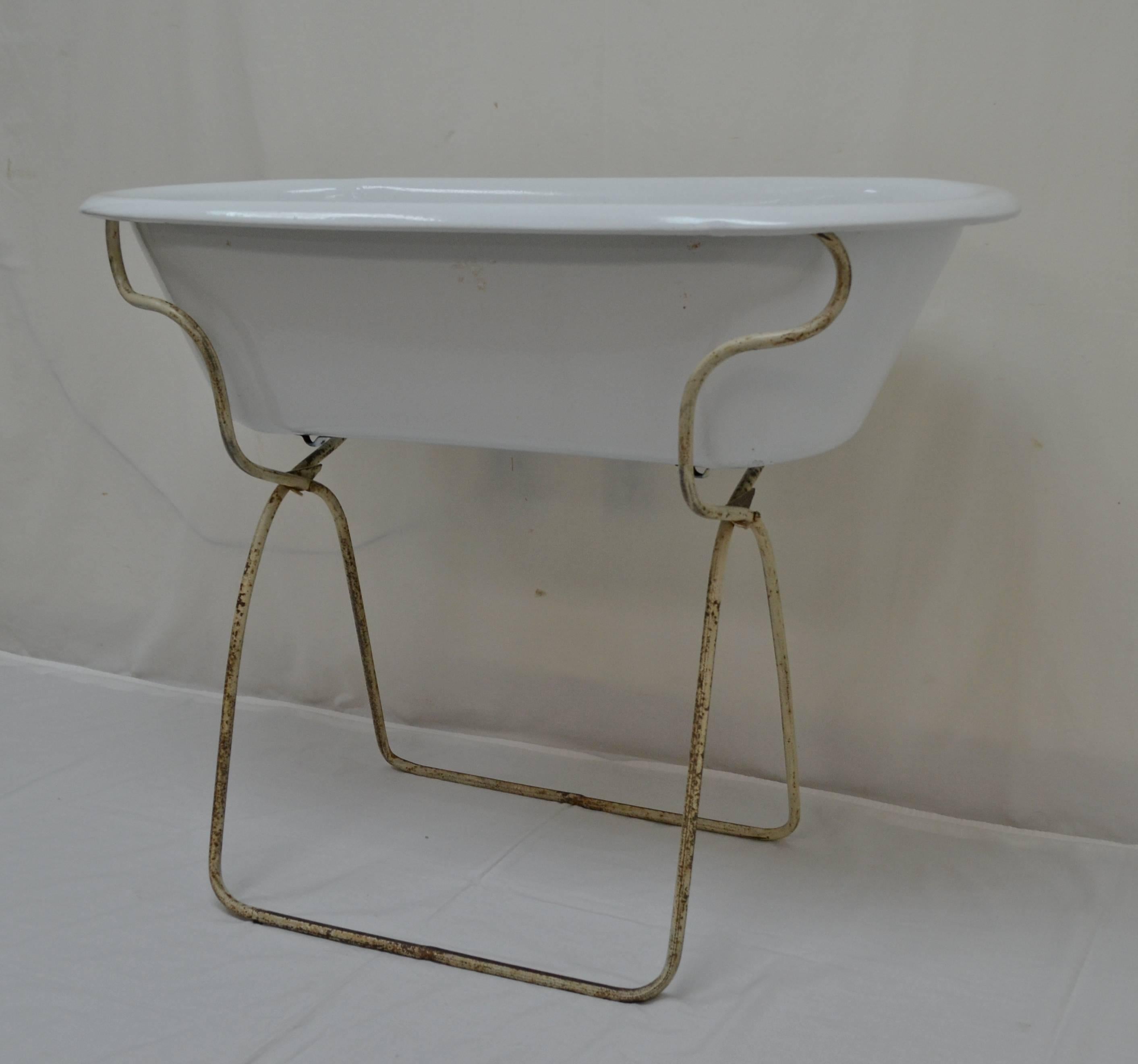 Hungarian Vintage Porcelain Enamel Baby Bath on Folding Stand