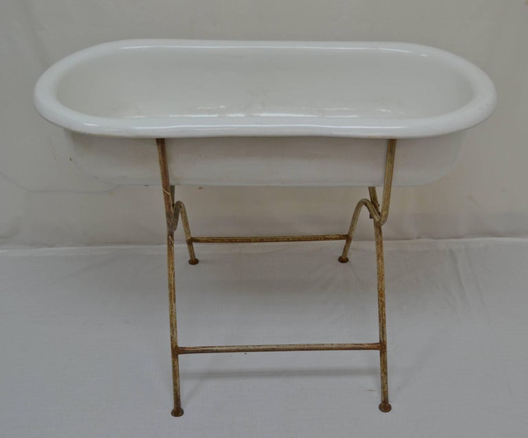 Vintage Porcelain Enamel Baby Bath on Tubular Stand at 1stDibs