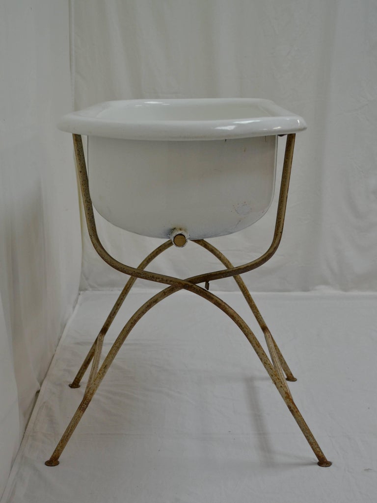 Vintage Porcelain Enamel Baby Bath on Tubular Stand at 1stDibs