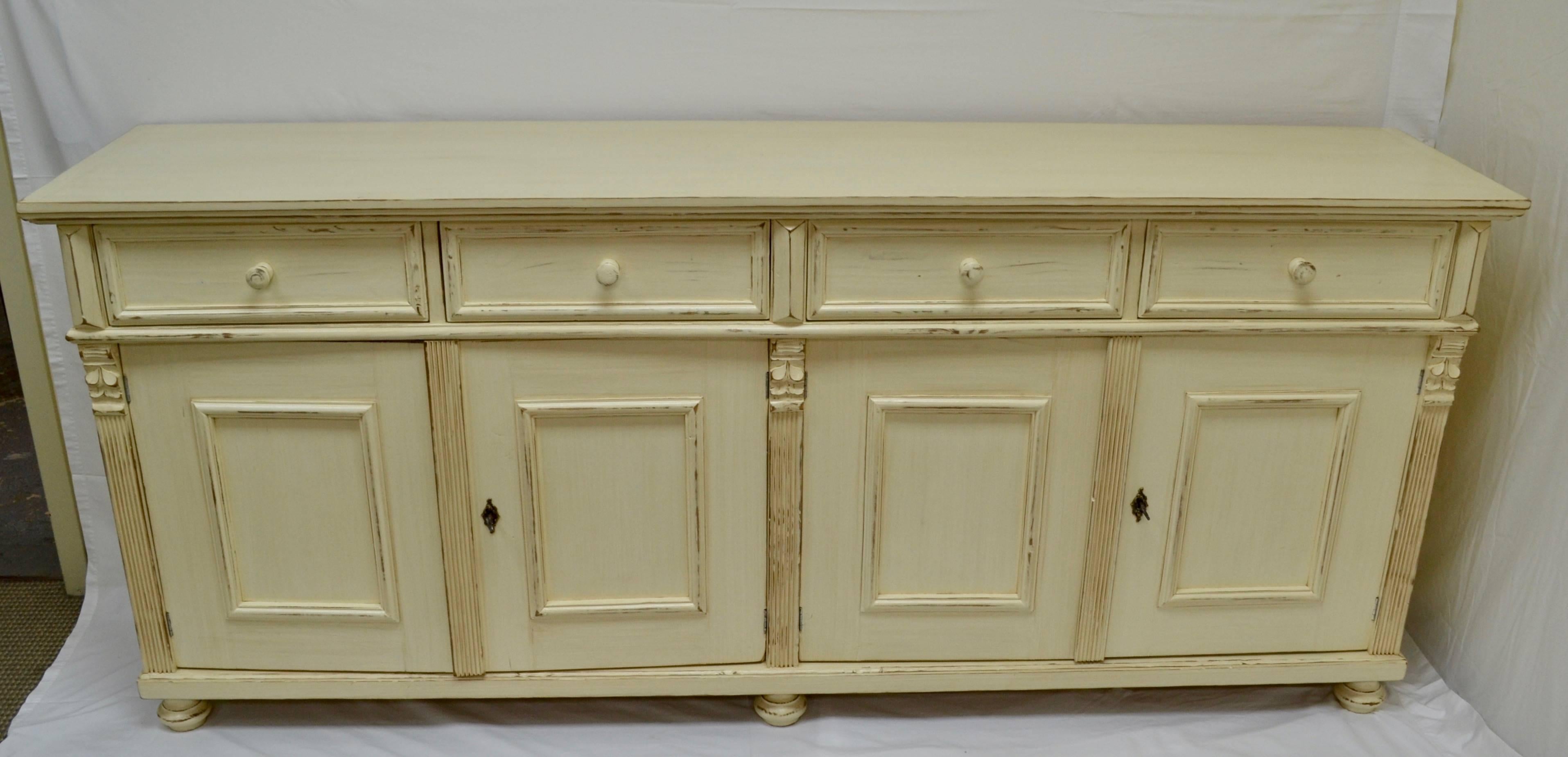 Antique pine sideboards can be hard to find so our workshop in Europe takes lightly-used pine to build this piece using traditional design features and construction techniques. 
This most versatile piece works well as a double vanity in the