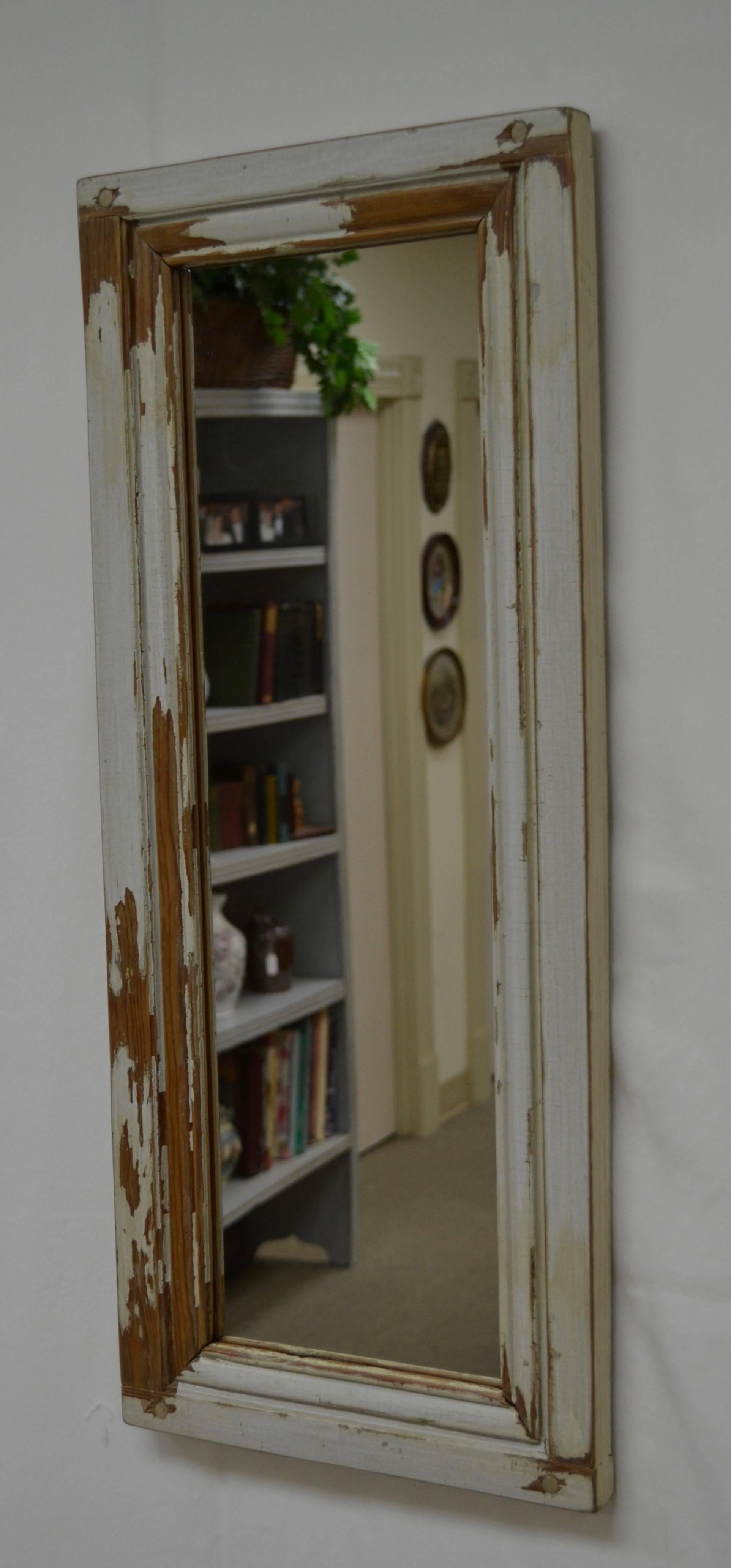 A 19th century pine panelled room in France has yielded a number of small frames in layers of old paint. These are rubbed down and sealed and fitted with new glass to create some interesting and attractive wall mirrors. These are great for a powder