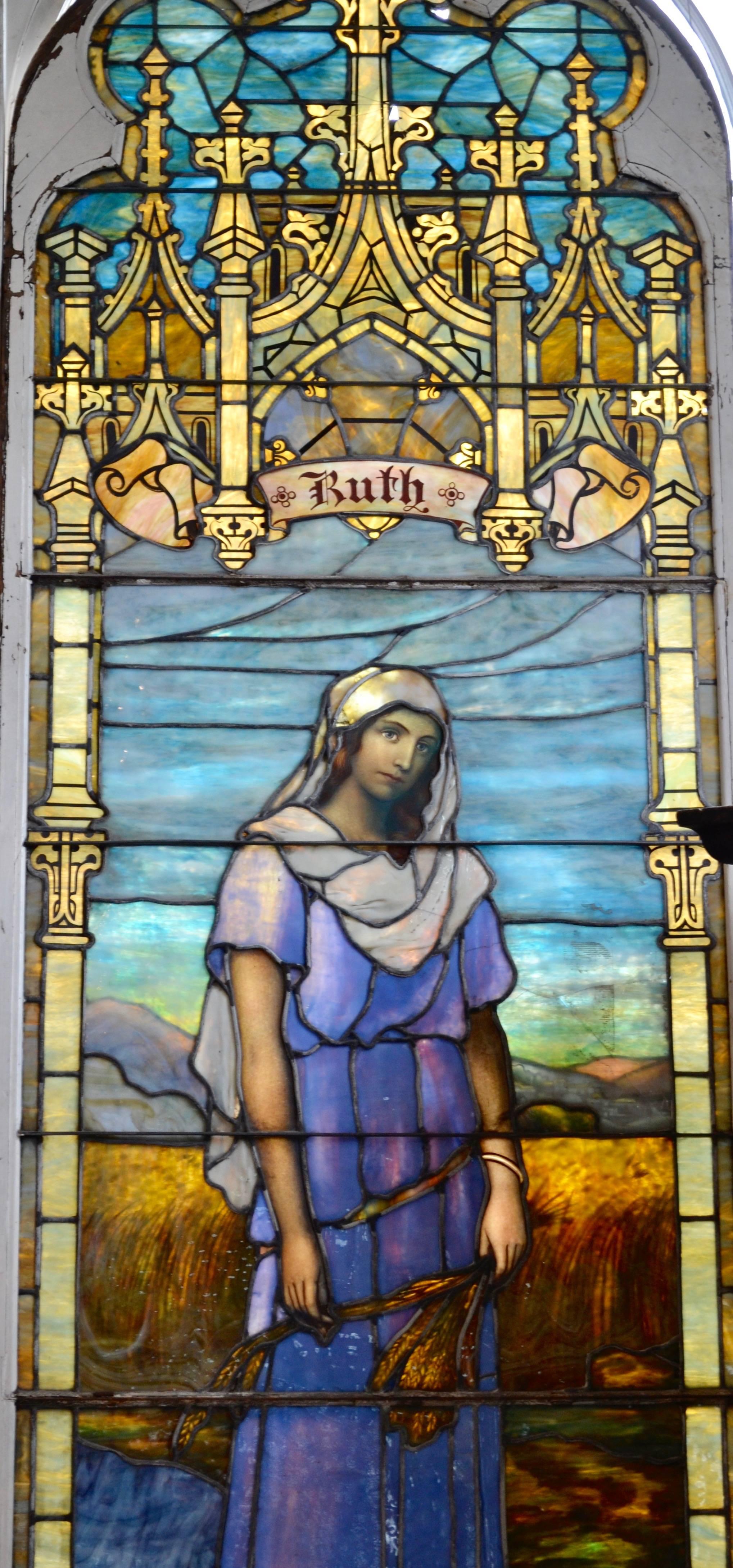 American Stained Art Glass Window Depicting Ruth For Sale
