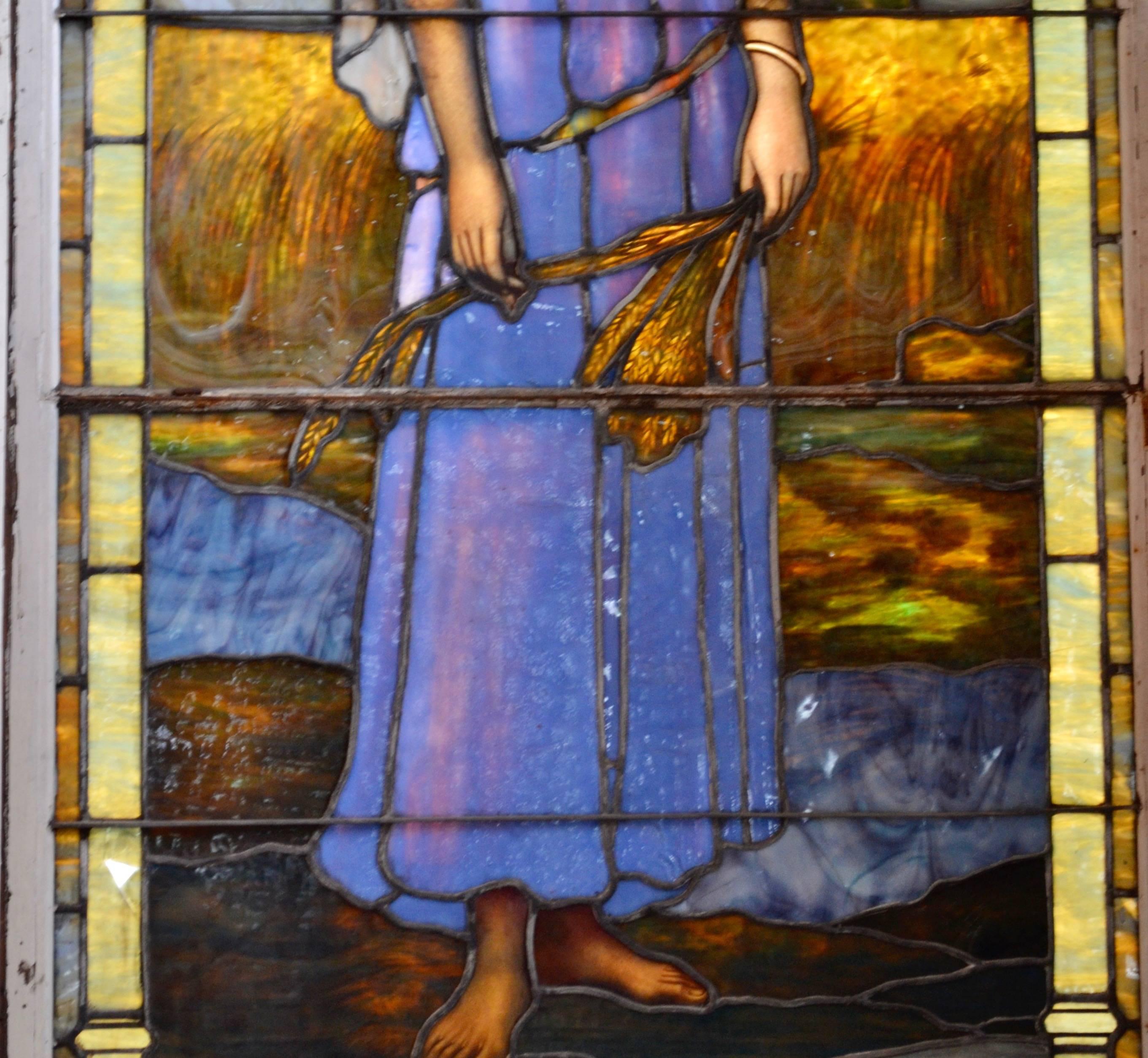 19th Century Stained Art Glass Window Depicting Ruth For Sale