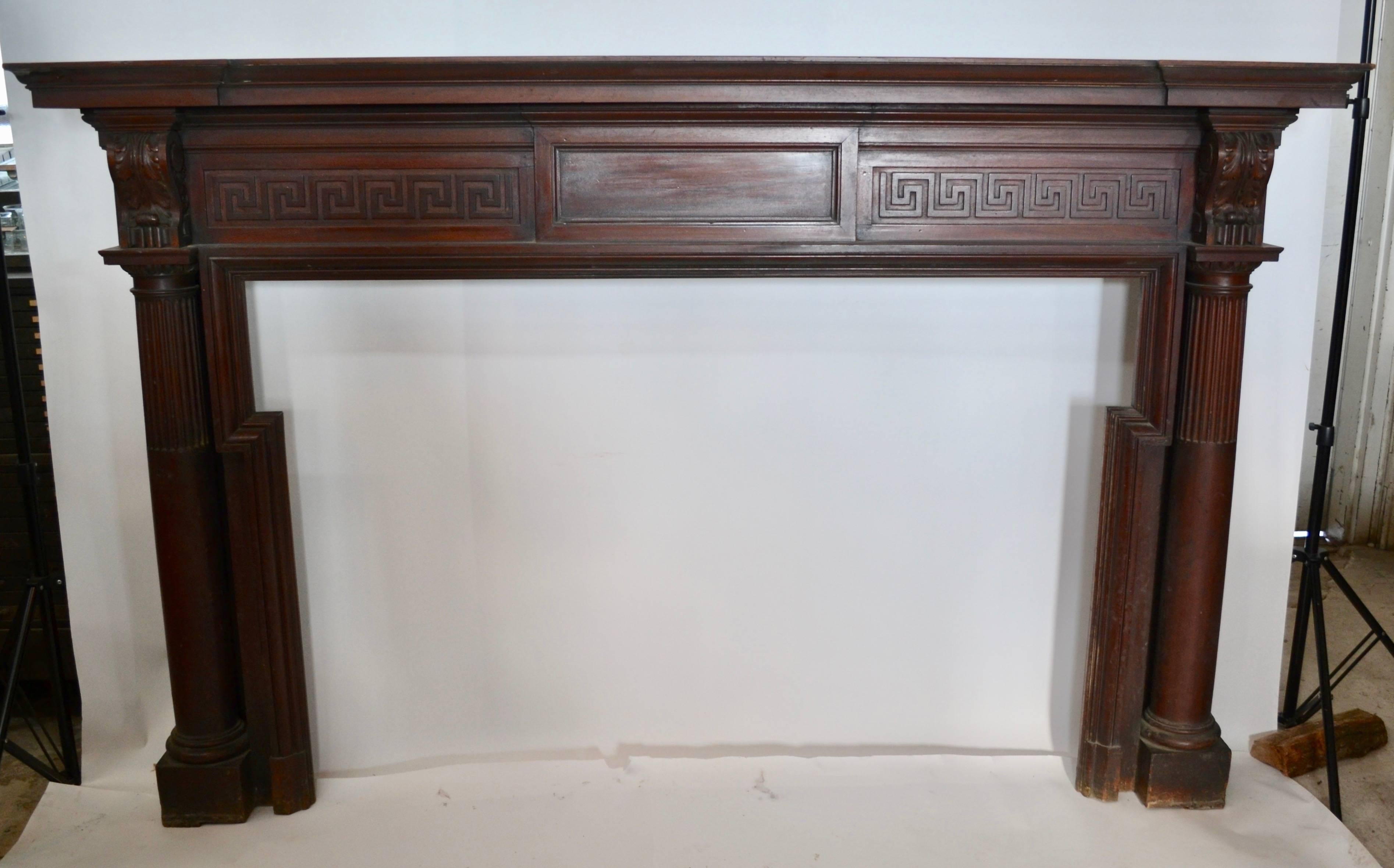 Substantial mahogany fireplace mantel from Governor's Mansion in Maryland, circa 1885. This columned mantel in original finish is from the Edwin Warfield Residence (the 45th Governor of Maryland).
 