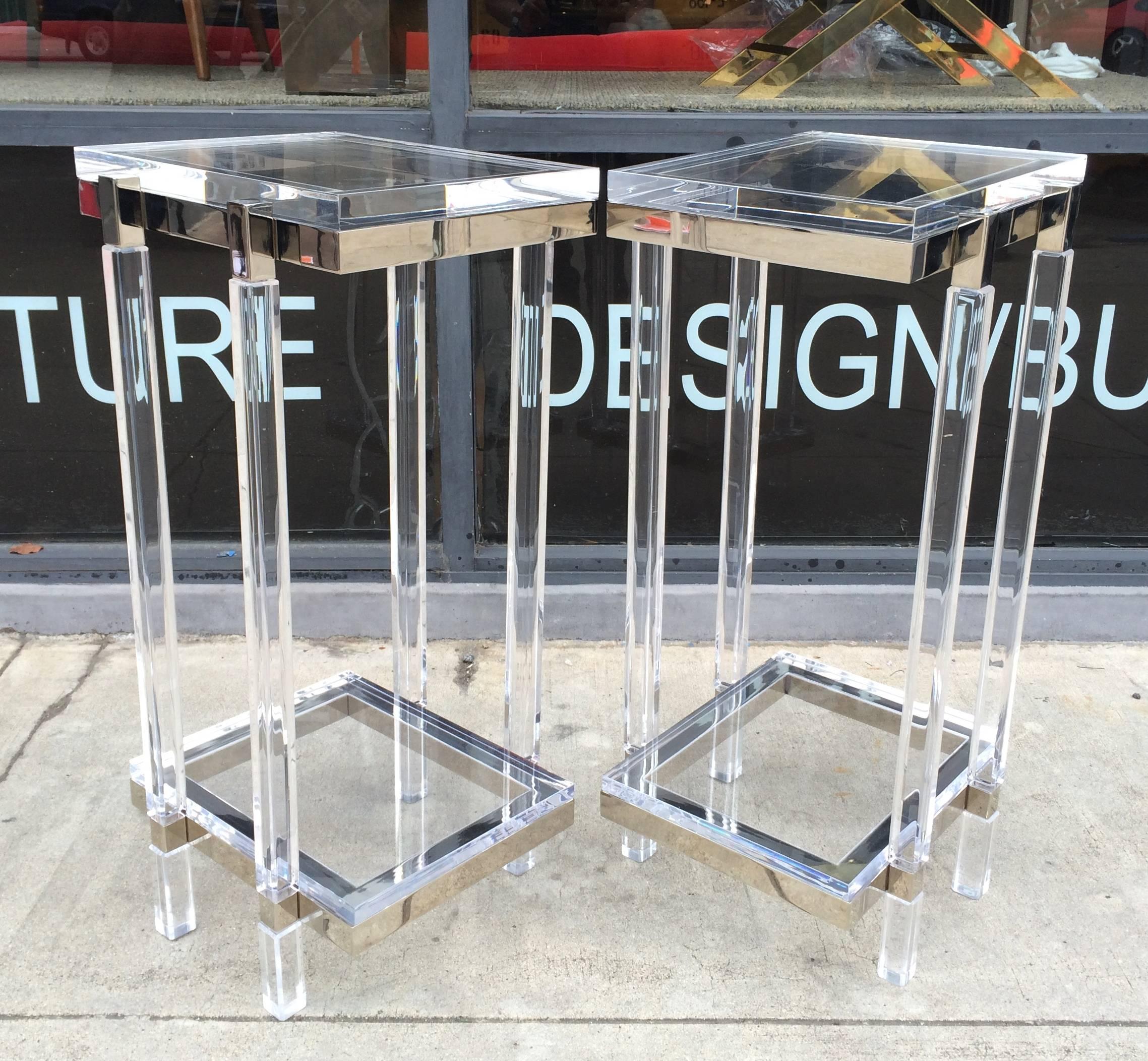Mid-Century Modern Lucite and Polished Nickel Pedestals/Tables by Charles Hollis Jones For Sale
