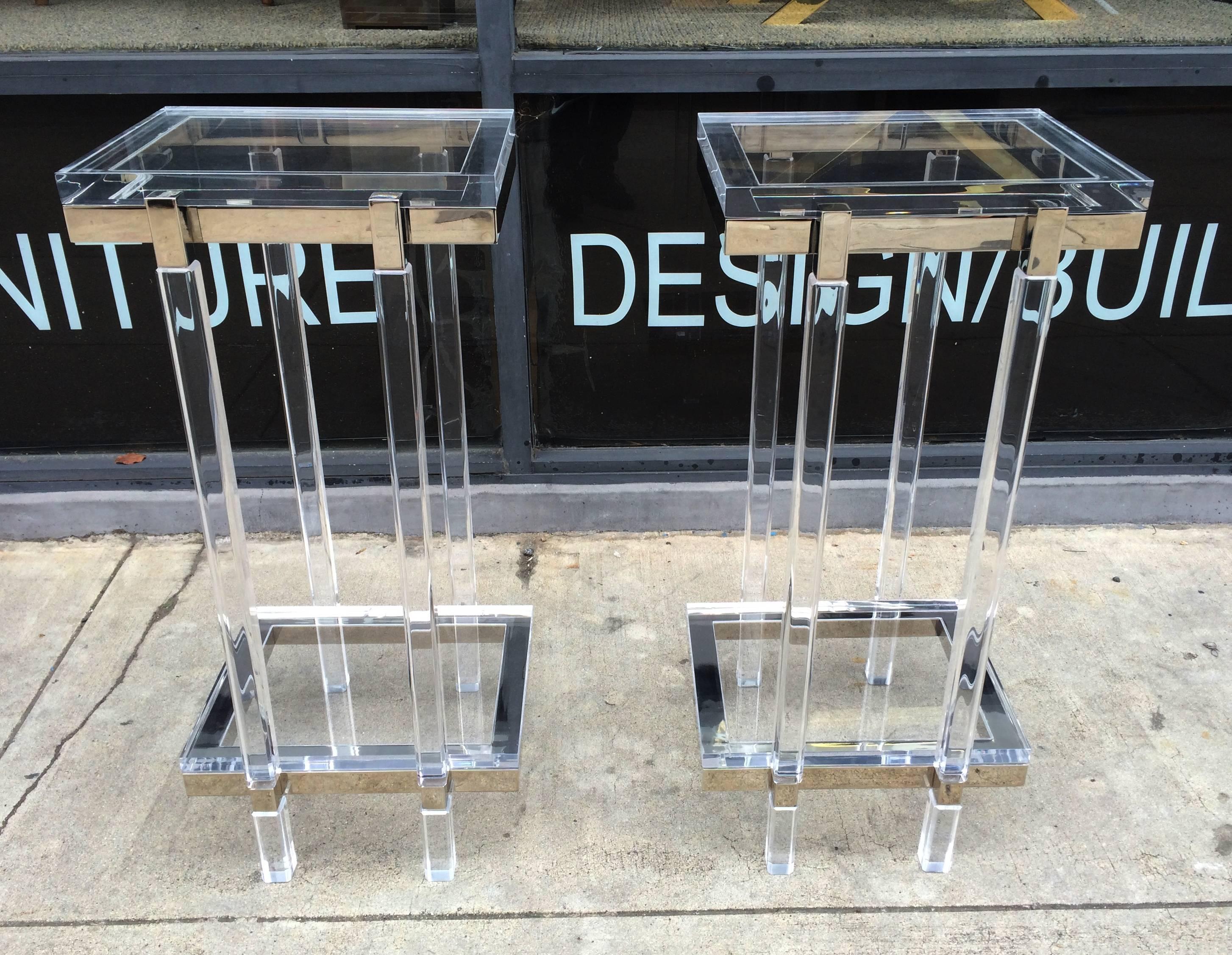 American Lucite and Polished Nickel Pedestals/Tables by Charles Hollis Jones For Sale